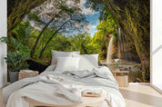 3D Mountain Falls Forest forest path waterfall view wall mural wallpaper for bedroom