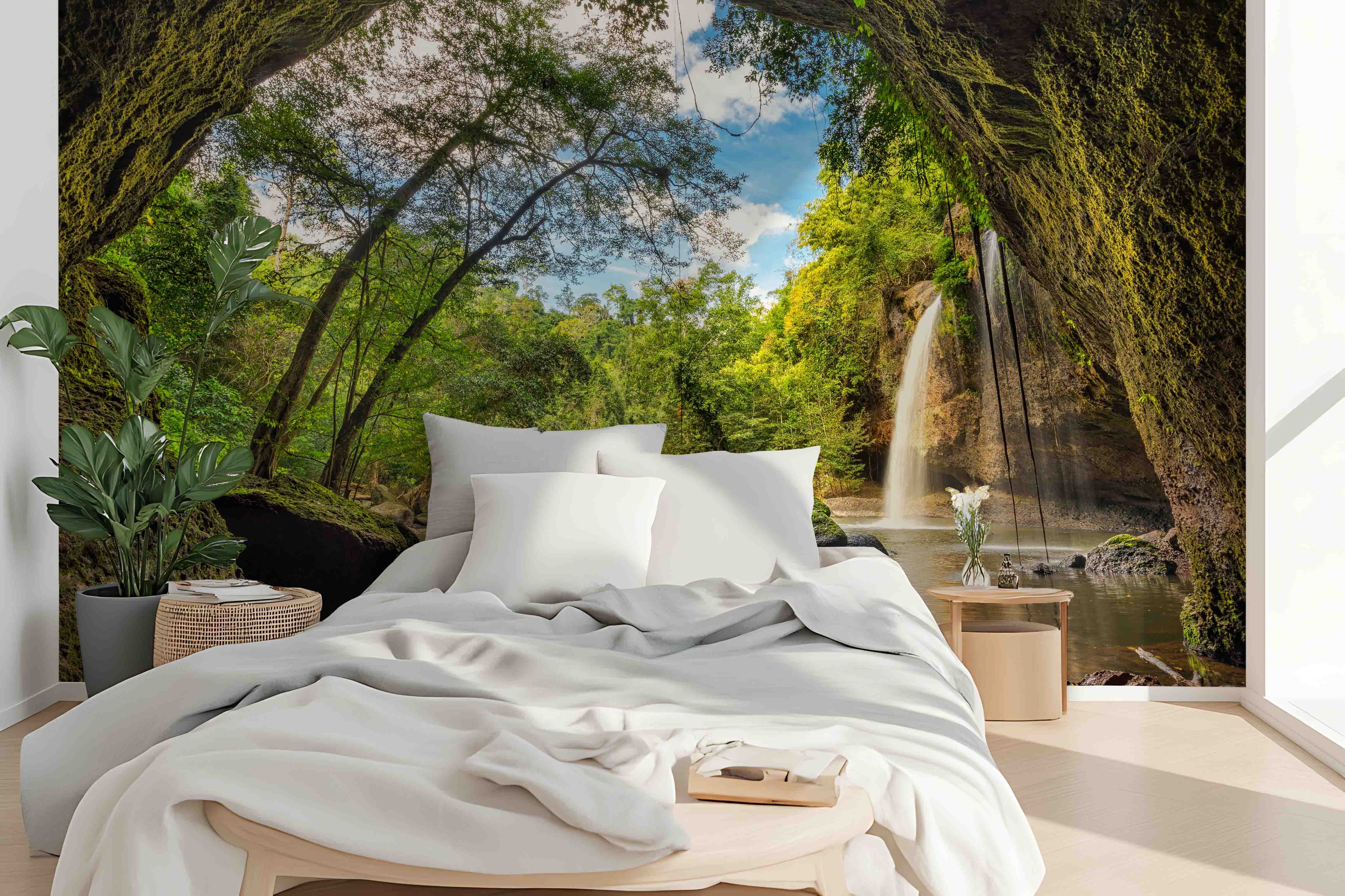 3D Mountain Falls Forest forest path waterfall view wall mural wallpaper for bedroom