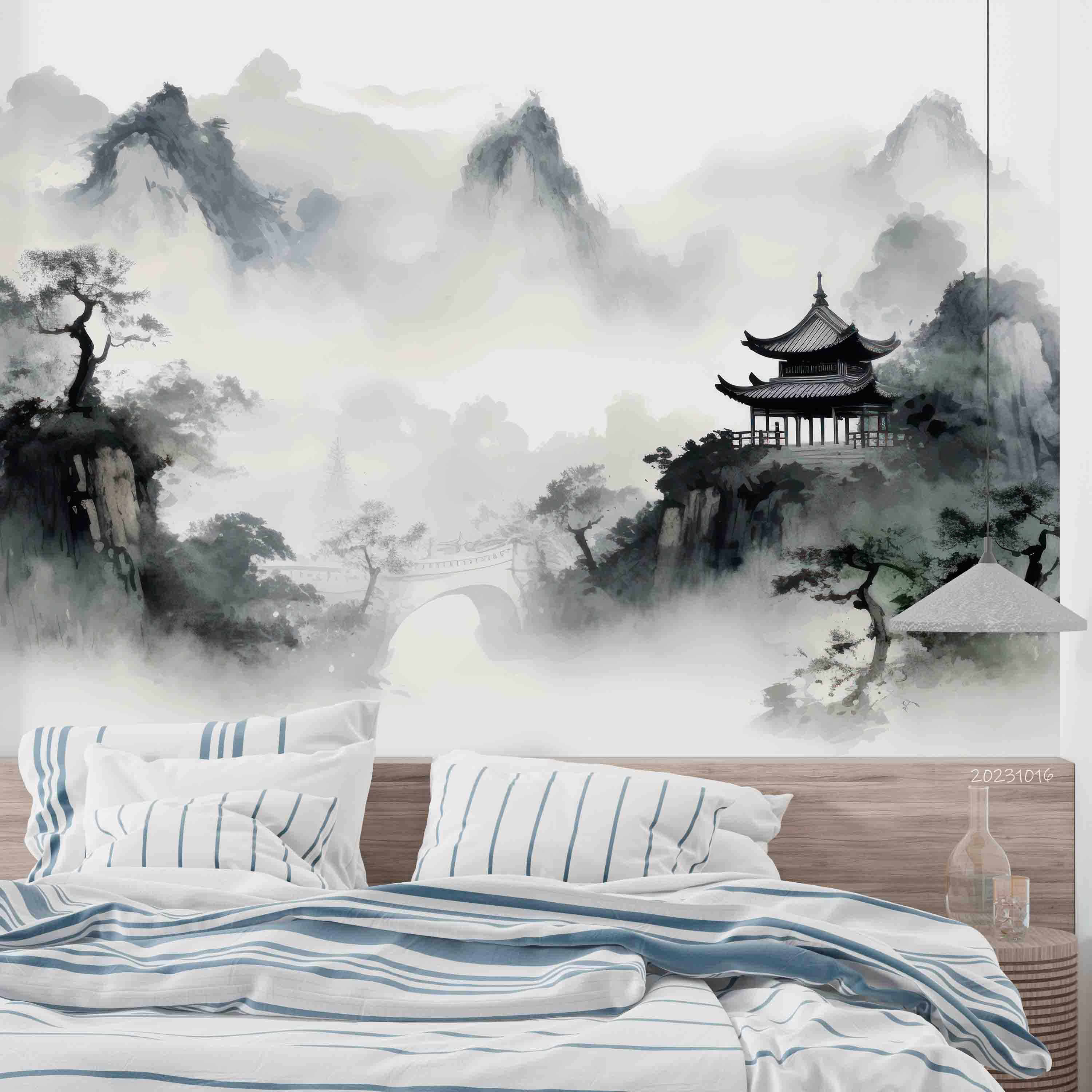 3D Tree Mountain Pavilion Fog Wall Mural Wallpaper YXL 2975