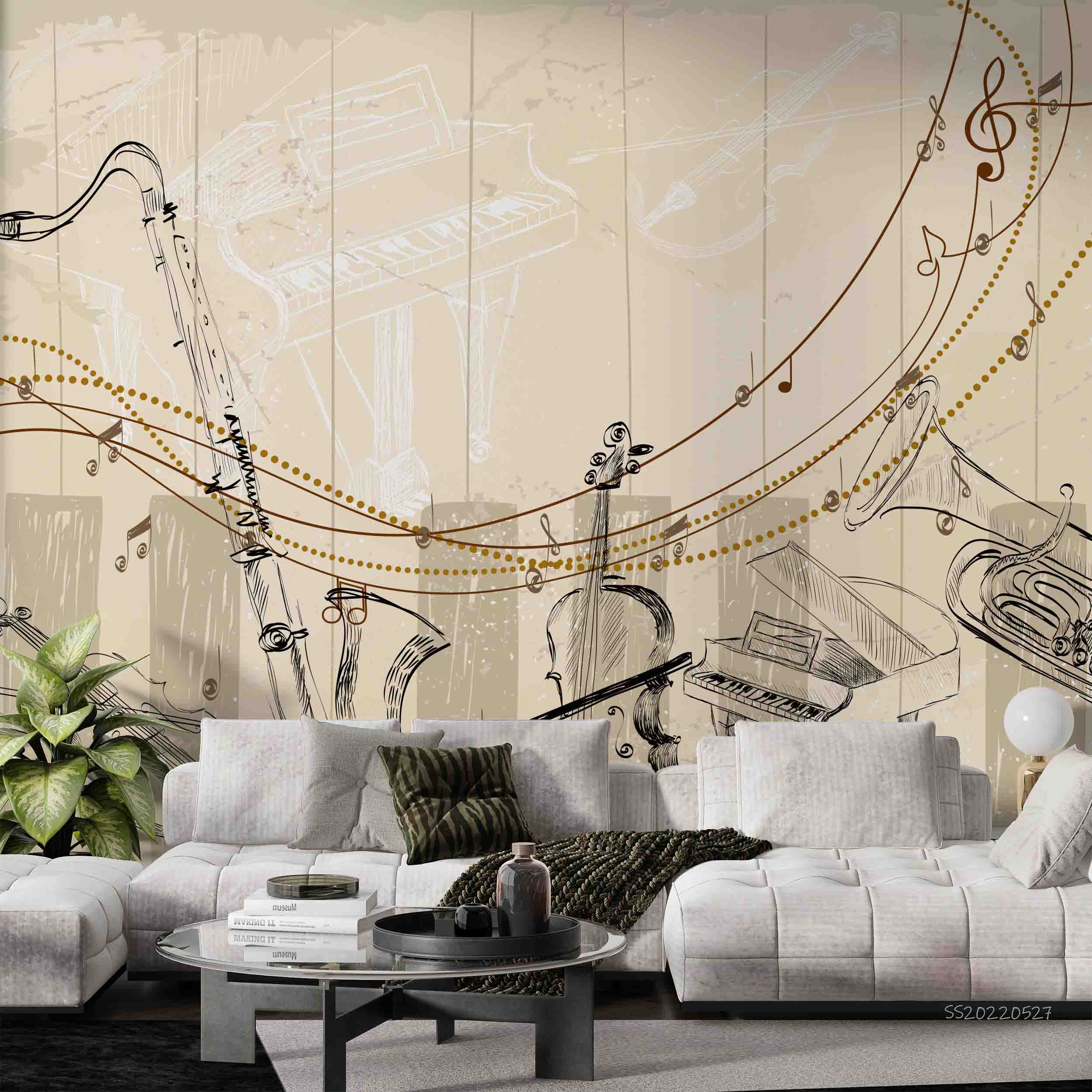 3D Sketch Musical Instruments Background Wall Mural Wallpaper GD 4247- Jess Art Decoration