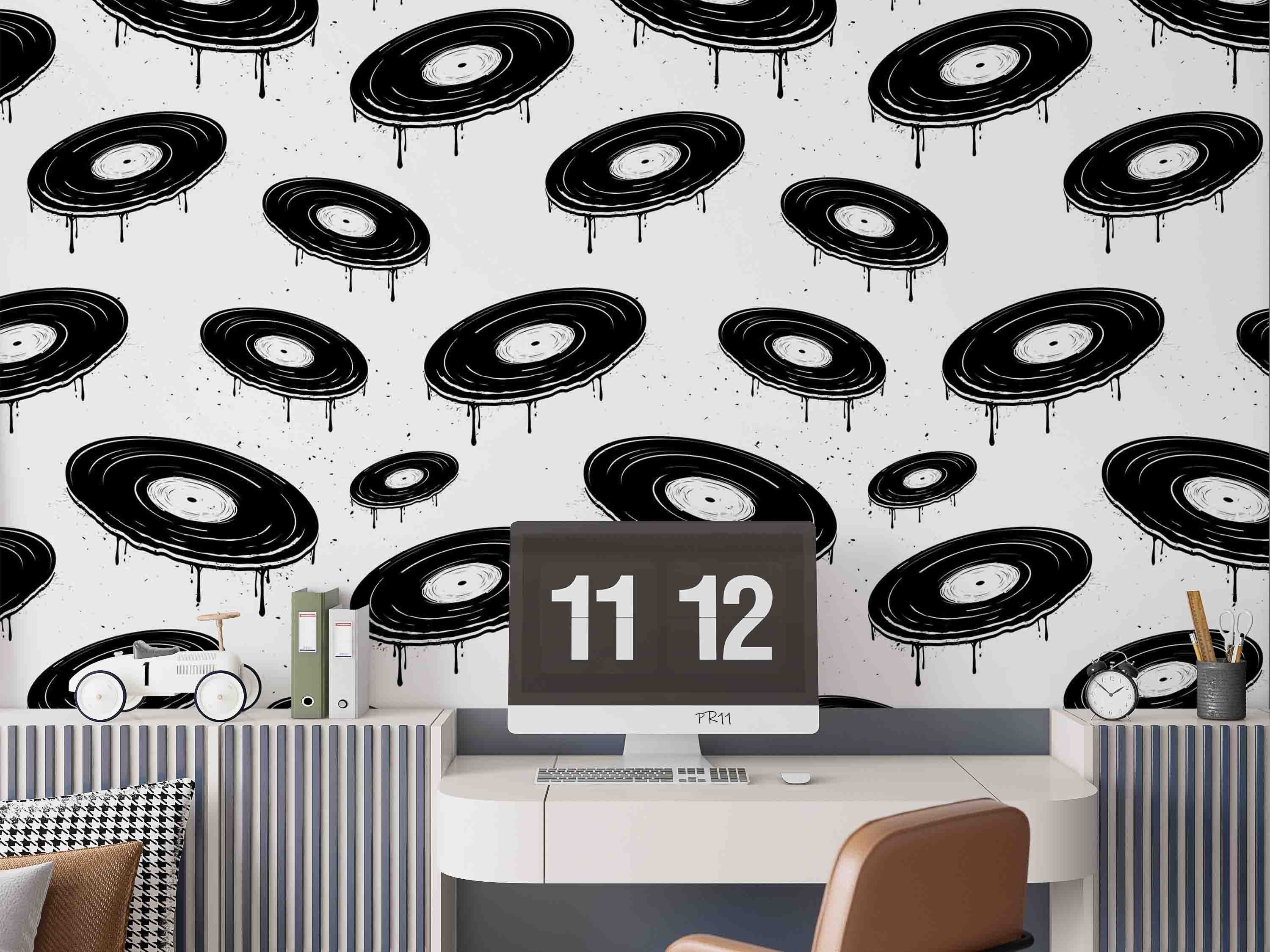 Geometric Circle Drip Ink White Contemporary Wallpaper contemporary street art wall mural for creative room or feature wall -