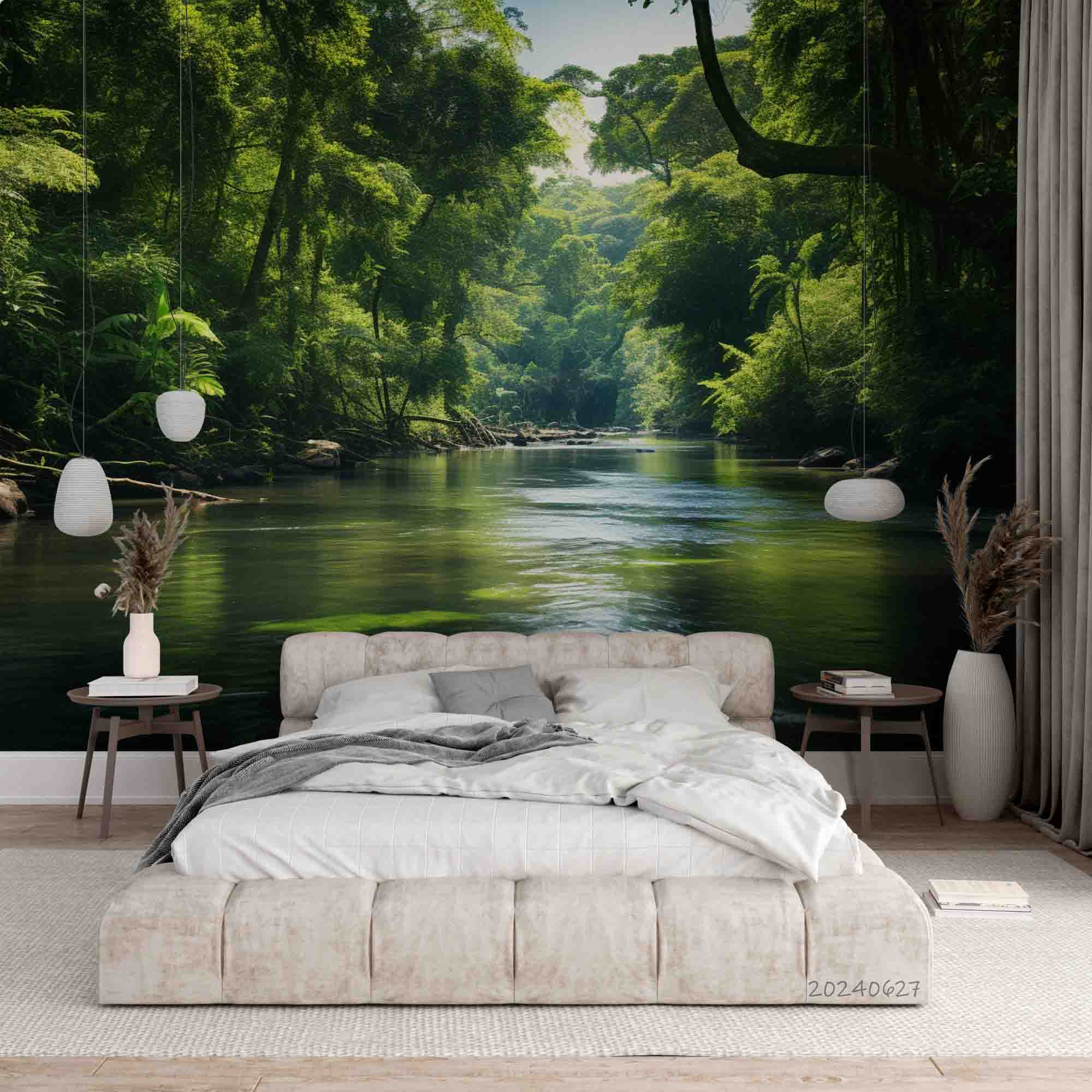3D Forest Tree Leaf Stone Sea Green Wall Mural Wallpaper YXL 697