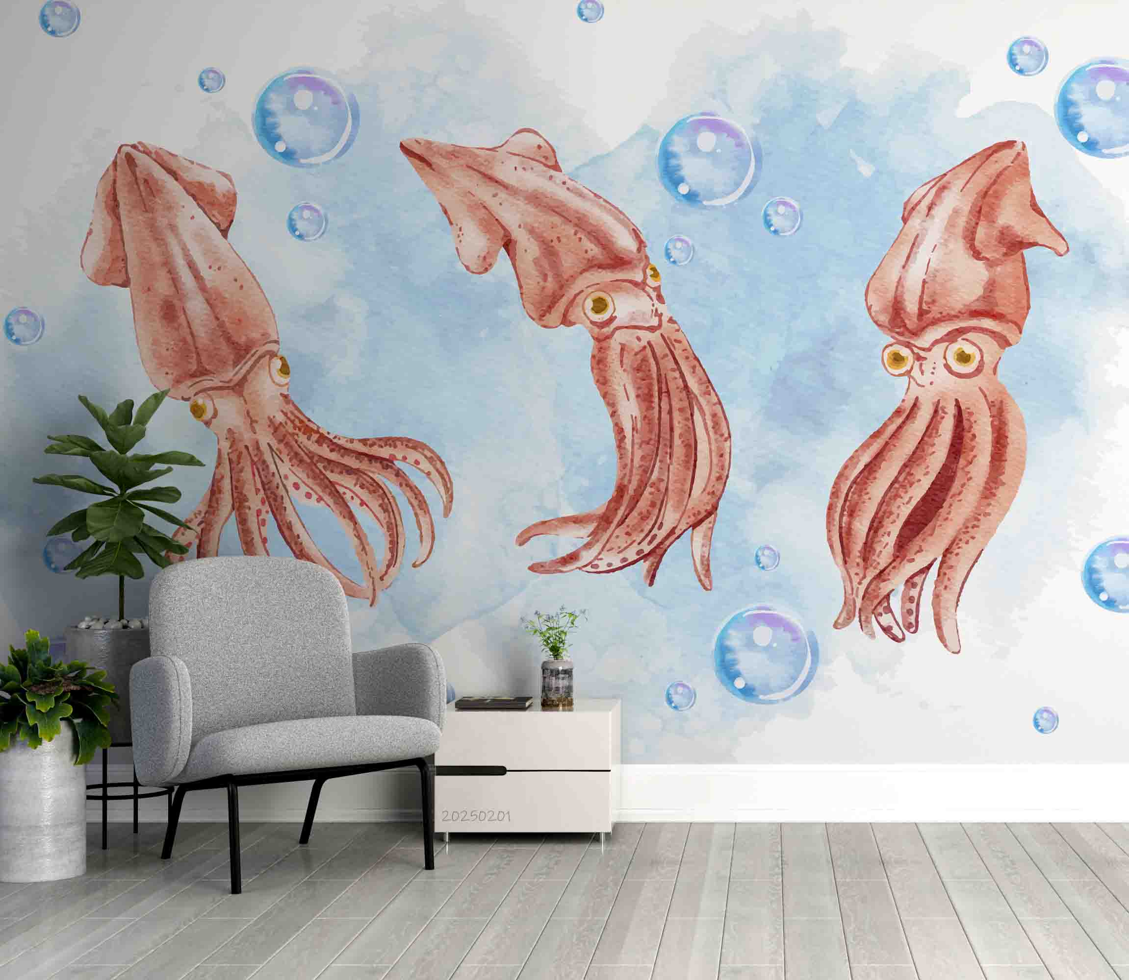3D Watercolor Blue Ocean Octopus Wallpaper Wall Mural Wall Decor Wall Art Wall Sticker Remoable Wallpaper LQH 71