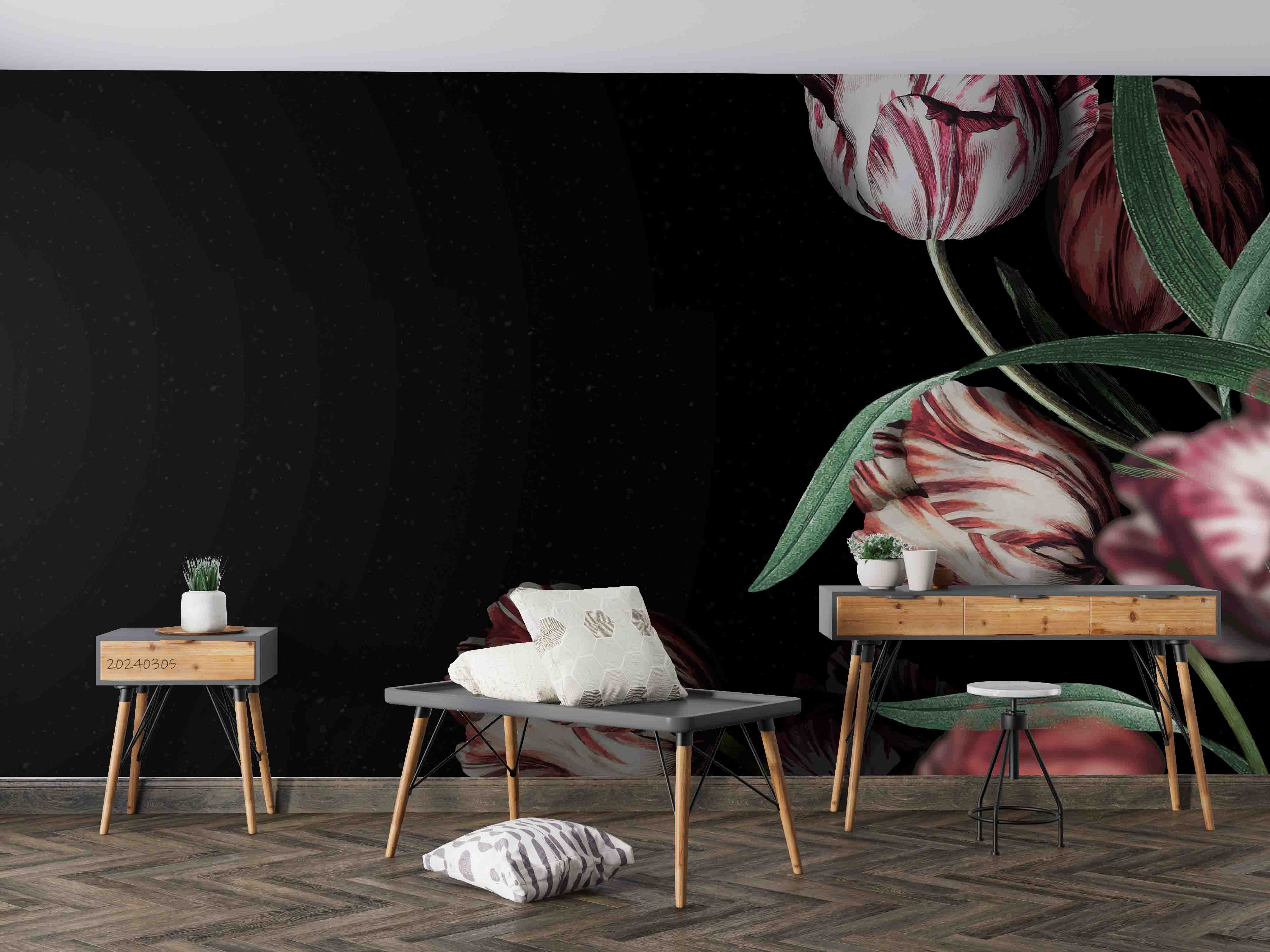 3D Red Tulip Leaves Dark Background Wallpaper Wall Mural Wall Decor Wall Art Wall Sticker Remoable Wallpaper