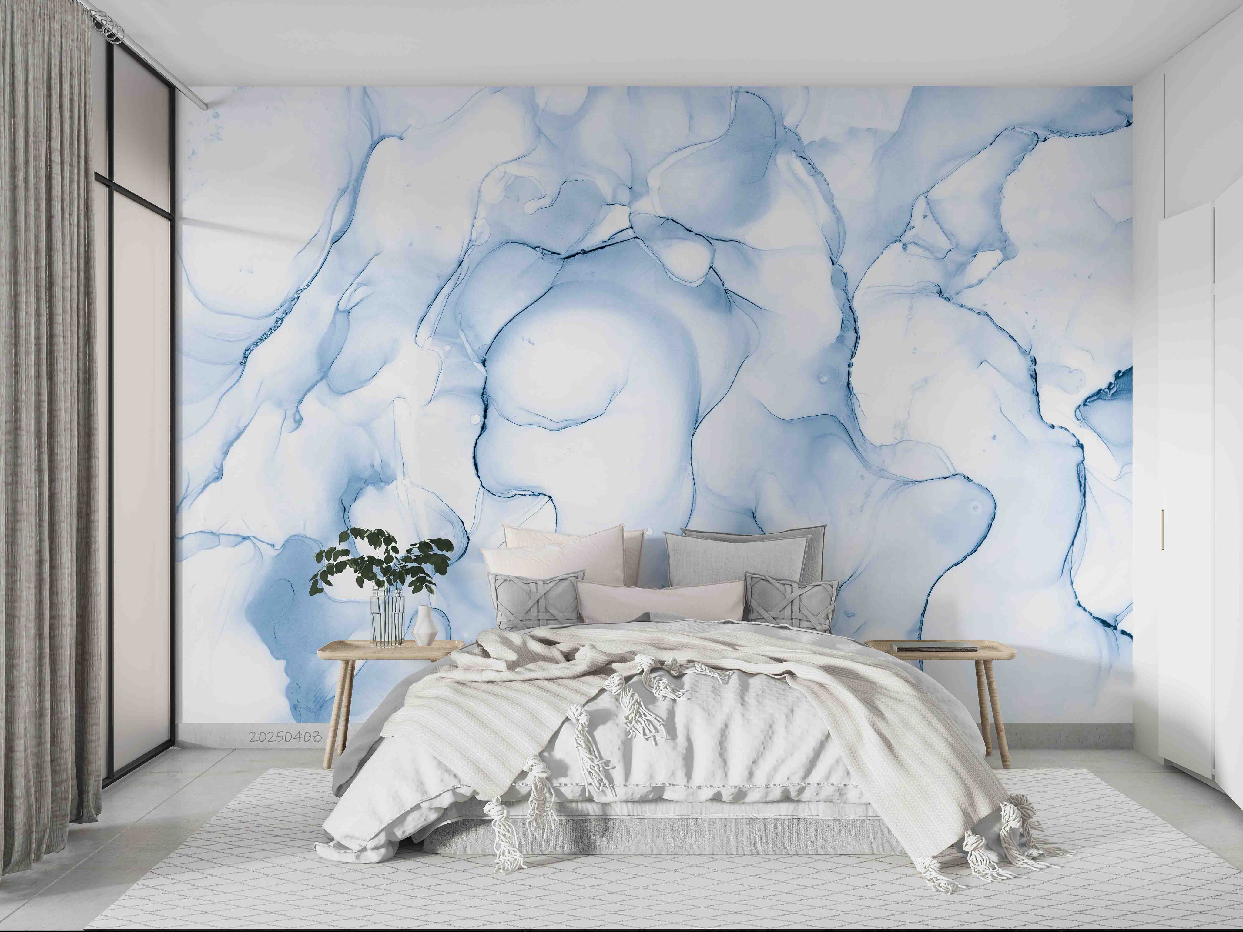 3D Blue Watercolor Marble soft blue marble texture wall mural wallpaper for bedroom - view 3