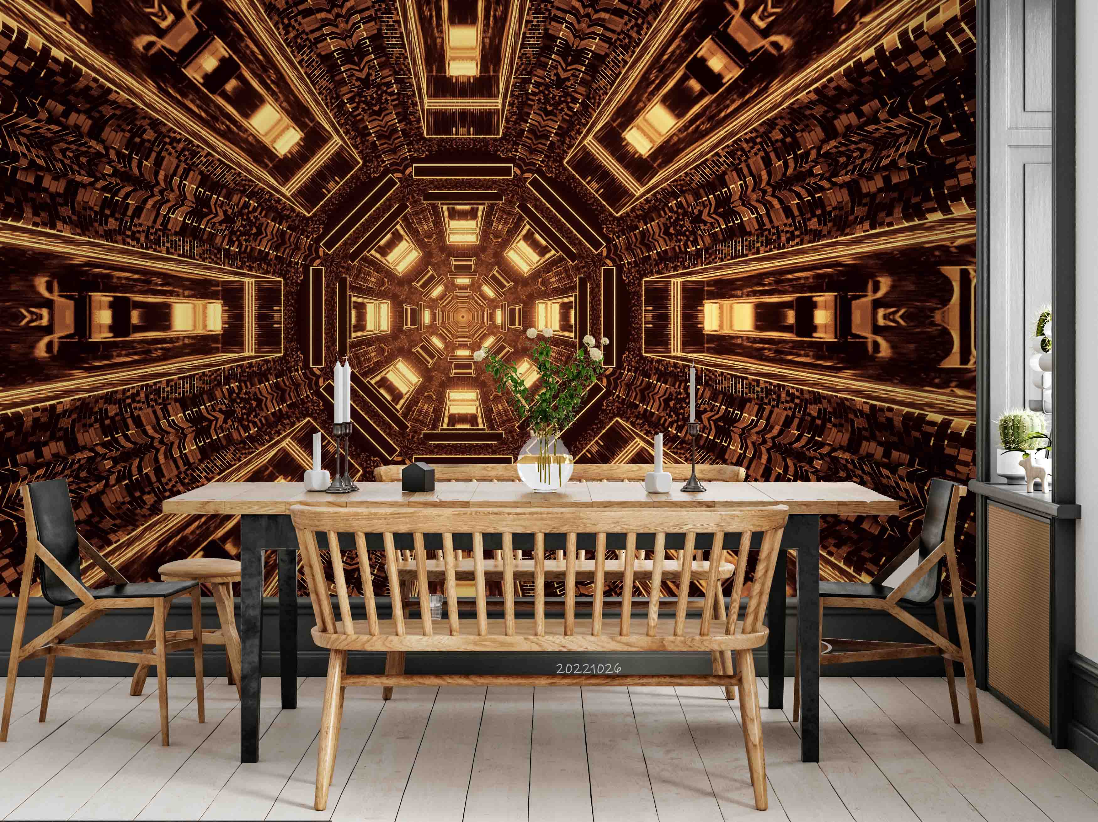 3D Futuristic Sci-Fi Tunnel Corridor Brown Gold Light Wall Mural Wallpaper GD 3170- Jess Art Decoration