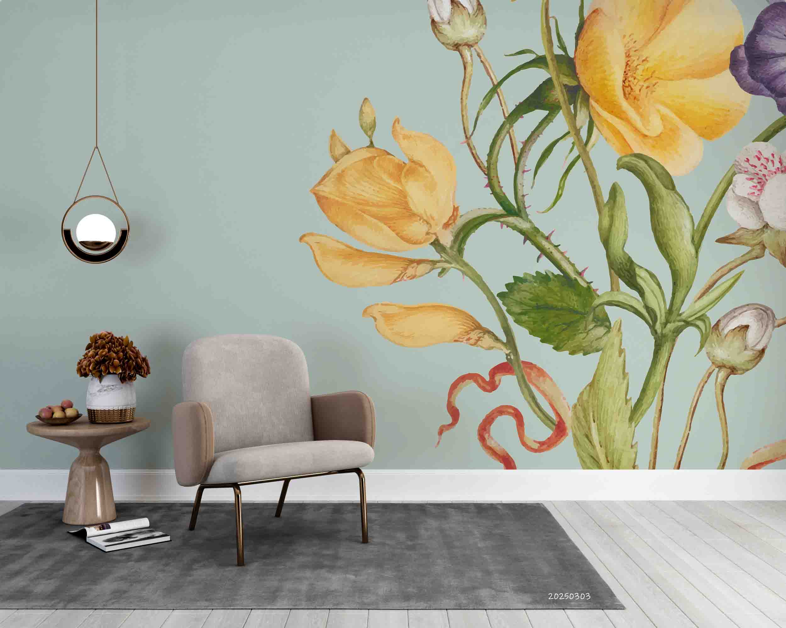 3D Hand Drawn Yellow Floral Green Leaf Wallpaper Wall Mural Wall Decor Wall Art Wall Sticker Remoable Wallpaper LQH