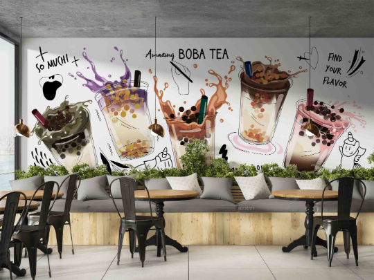 Milk Tea Red Beans Letter White Design 2 Wallpaper cafe & food wall mural for cafe, restaurant or shop interior - view 4