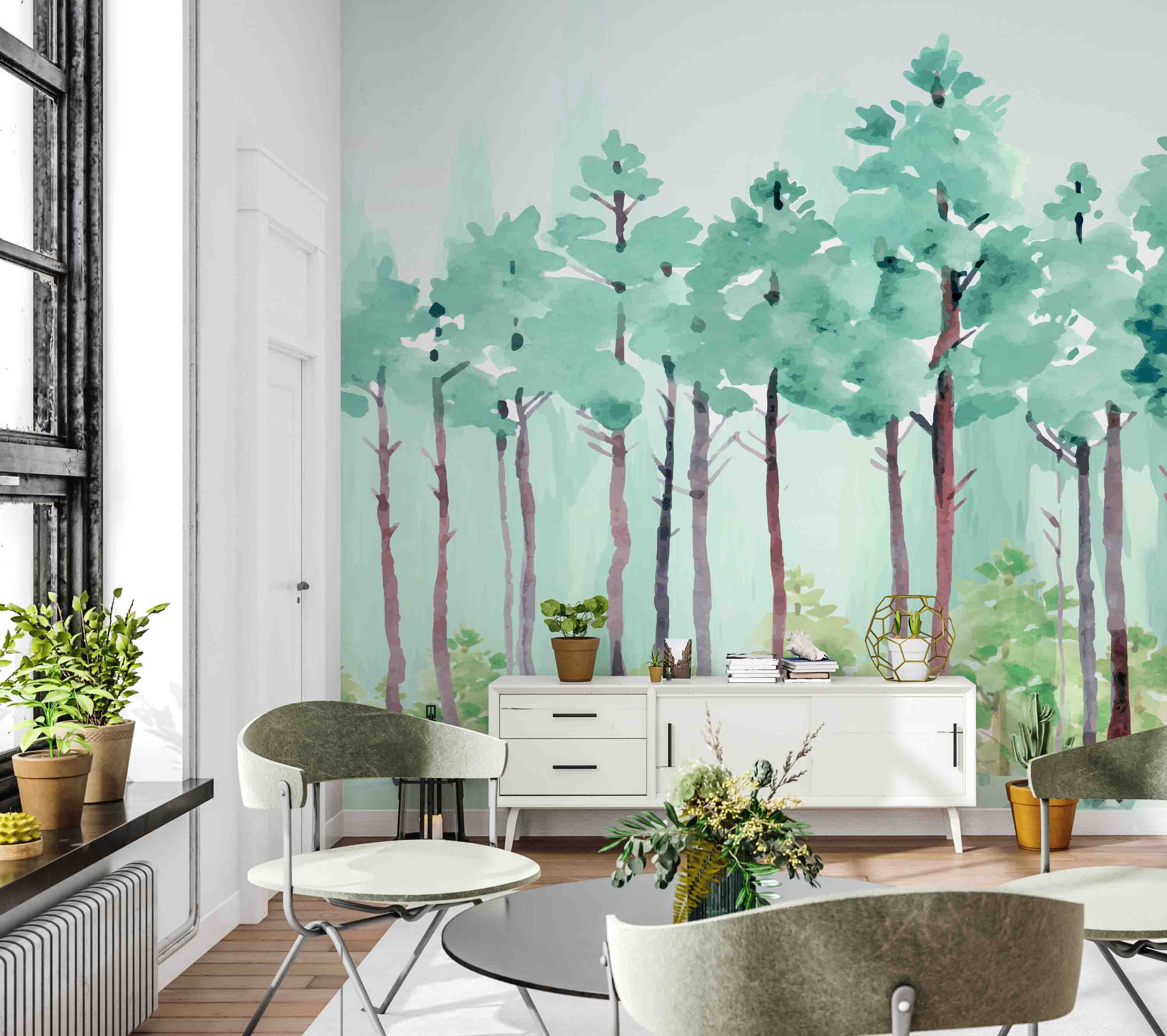 3D Green Watercolor Forest Wall Mural Wallpaper 360