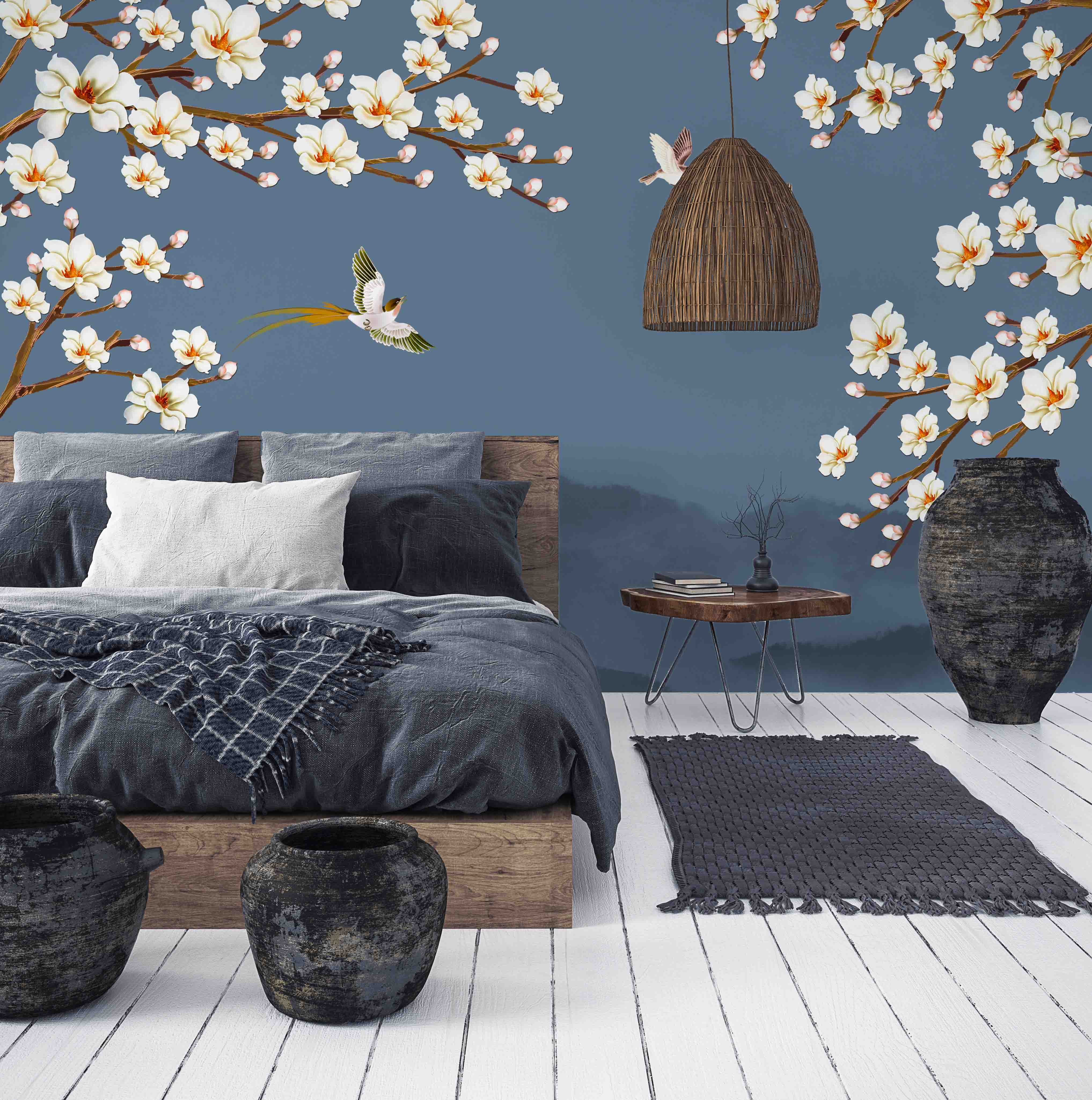 3D Blue Blossom Bird Wall Mural Wallpaper 2683