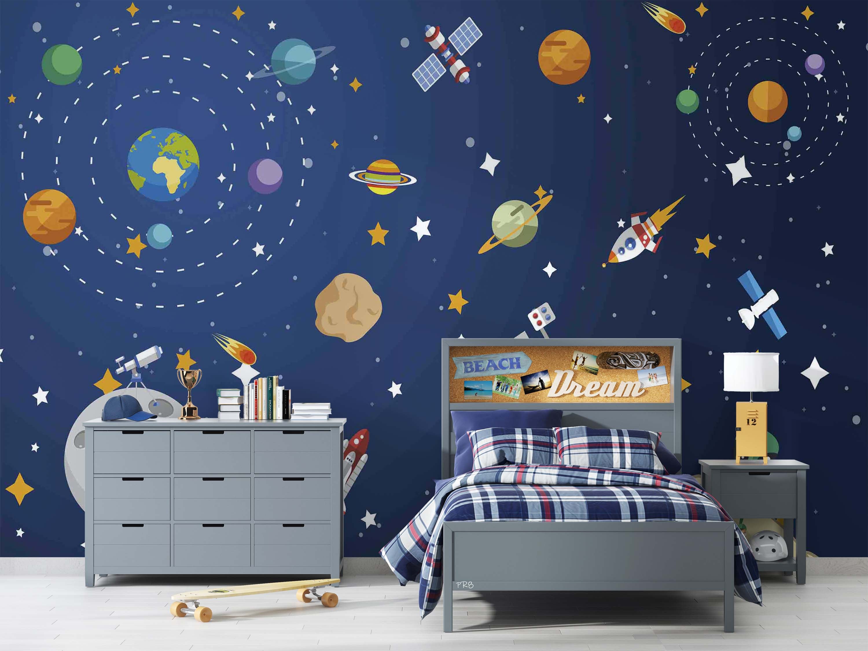 3D Cartoon Space Planet Satellite Star Wall Mural Wallpaper GD 4551- Jess Art Decoration