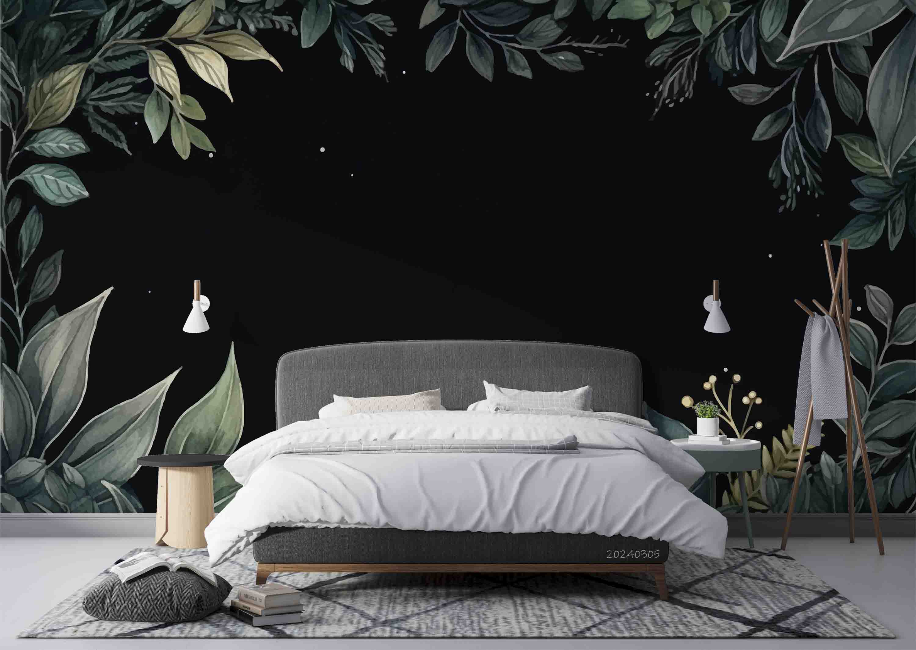 3D Green Leaves Dark Background Wallpaper Wall Mural Wall Decor Wall Art Wall Sticker Remoable Wallpaper