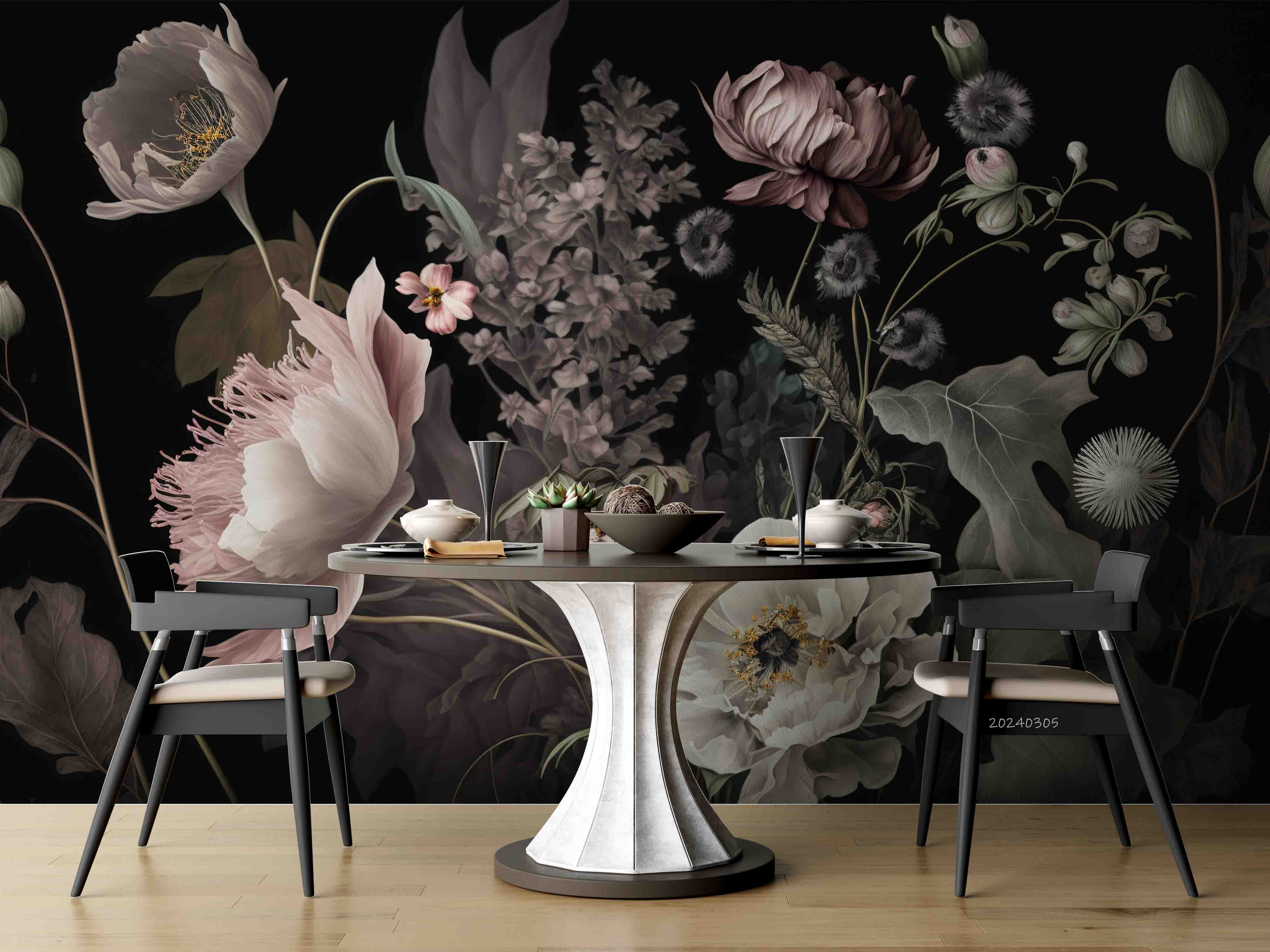 3D Pink Floral Leaves Bouquet Dark Background Wallpaper Wall Mural Wall Decor Wall Art Wall Sticker Remoable Wallpaper