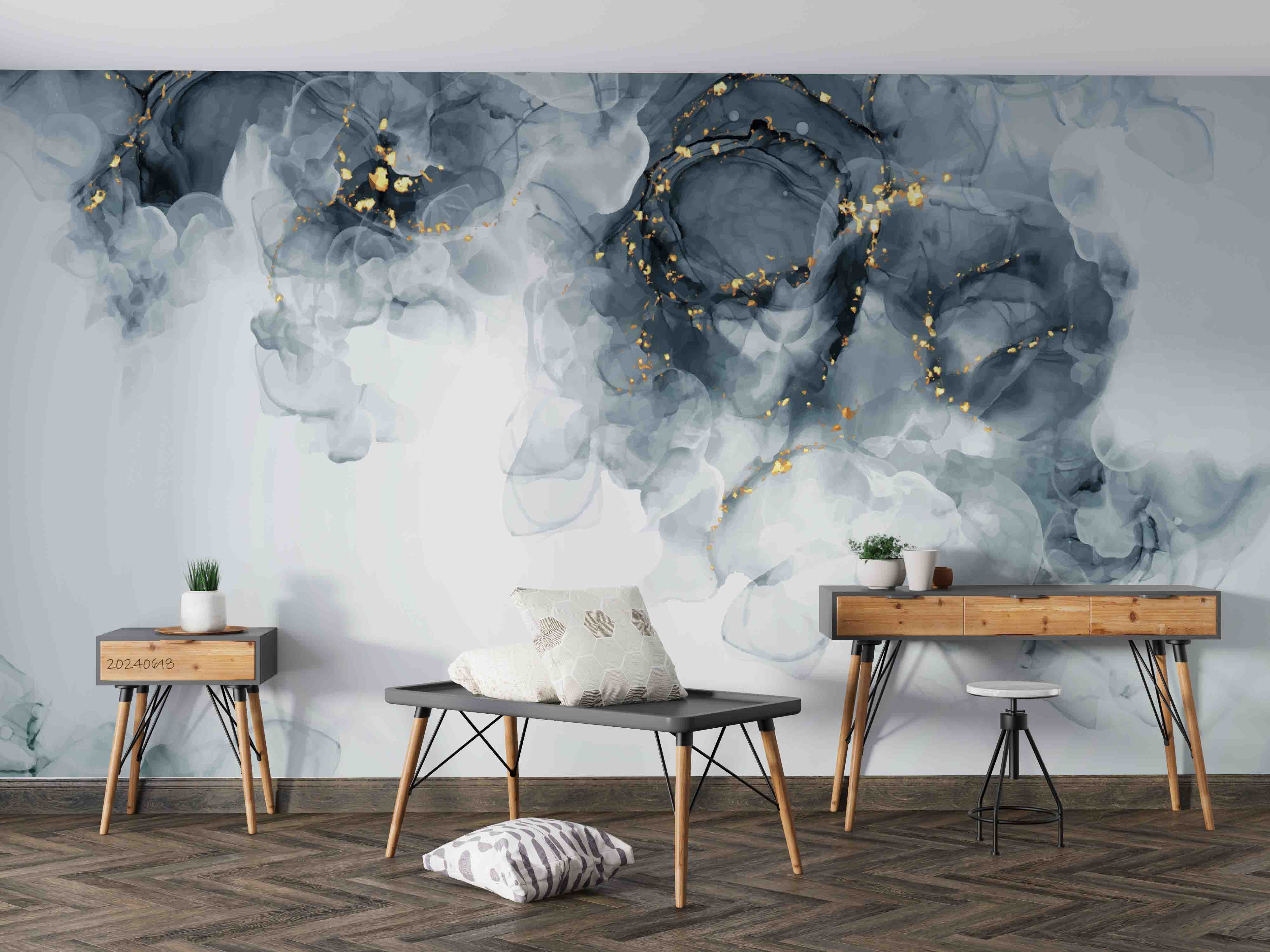 3D Abstract Damaskeen Float Gray Gold Dust Wall Mural Wallpaper YXL 595