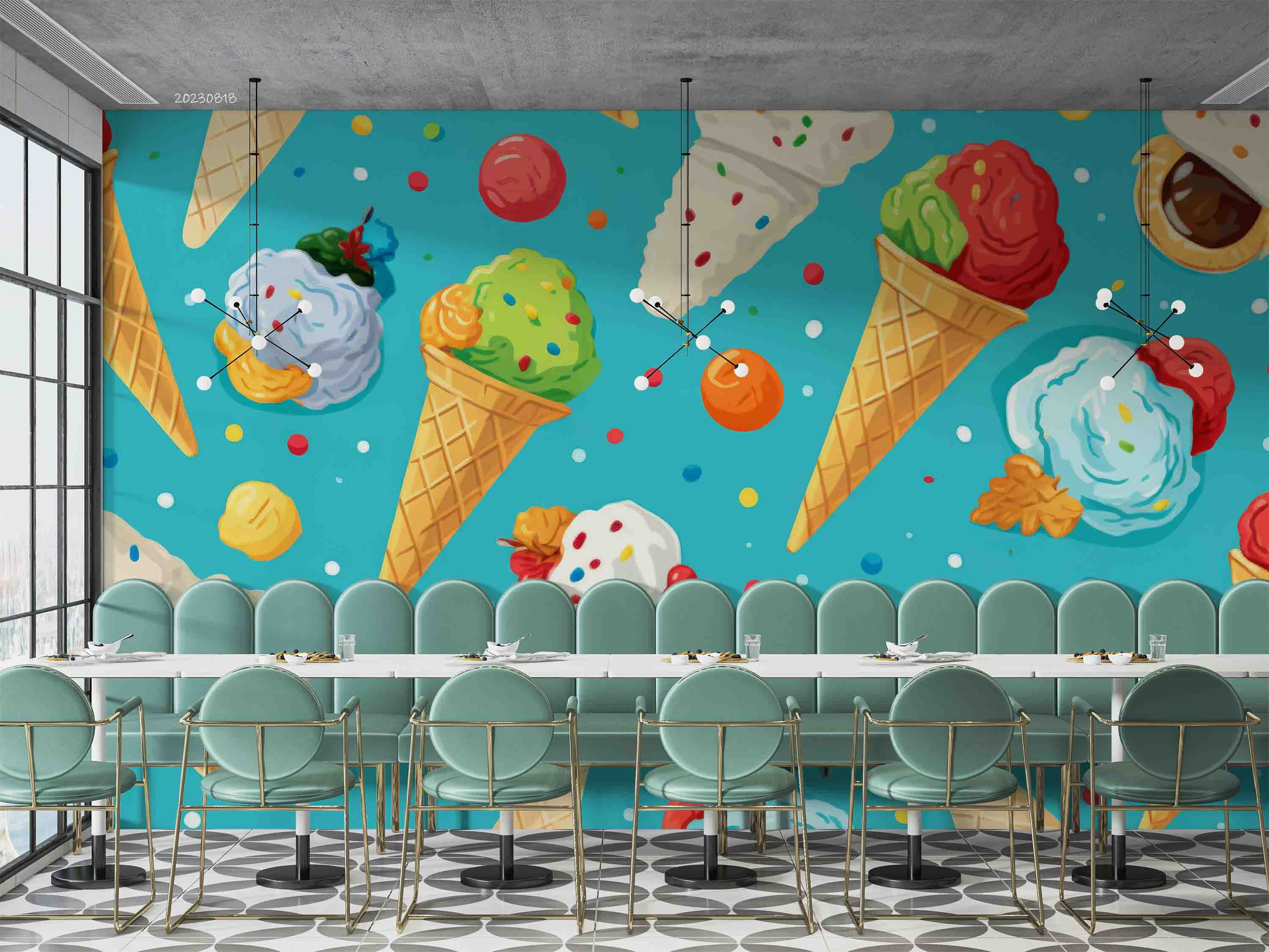 3D Ice Cream Round Blue Wave Point Wall Mural Wallpaper YXL 2307