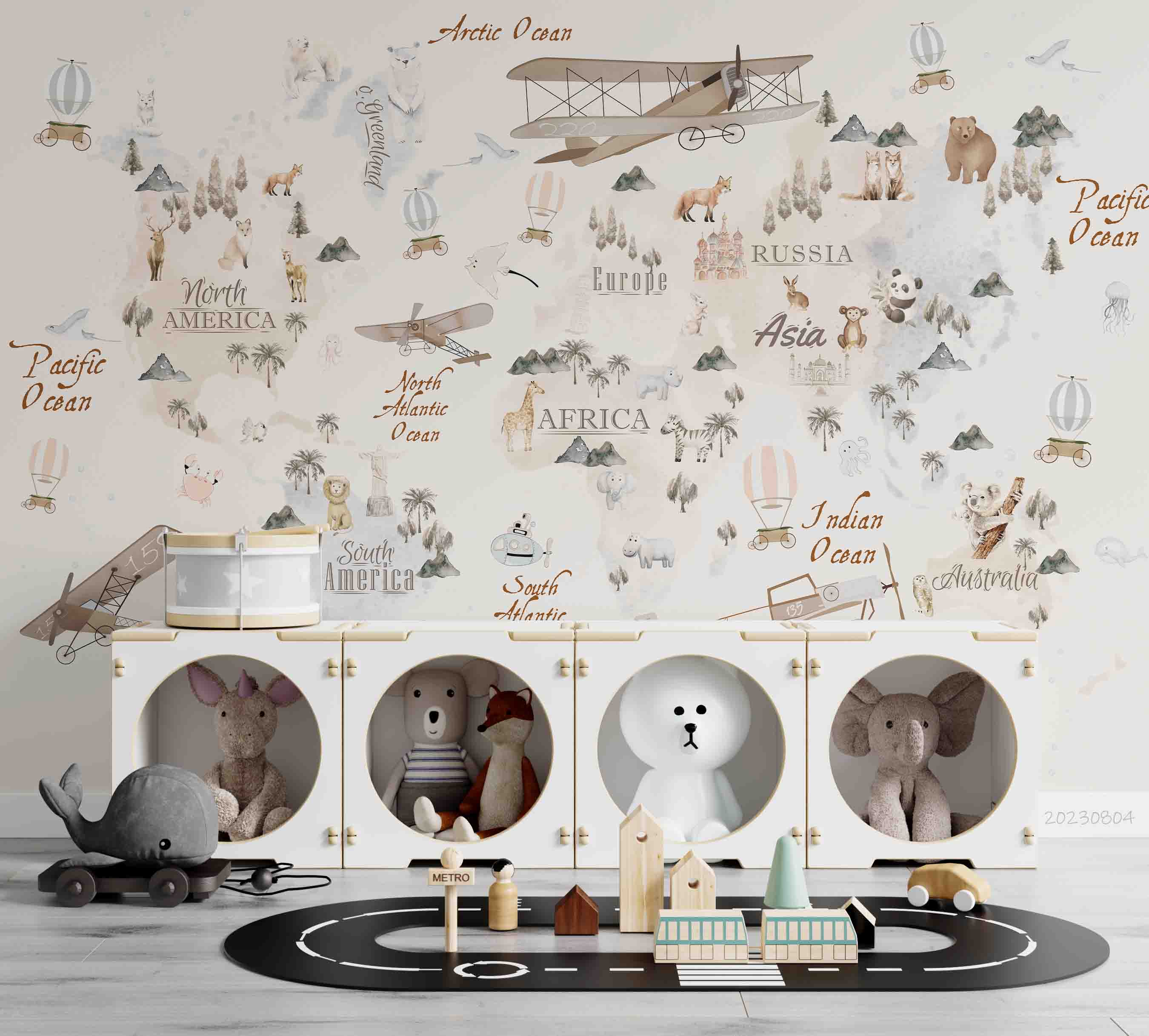 3D Animal World Aircraft Hydrogen Balloon Penuins Wall Mural Wallpaper YXL 2530