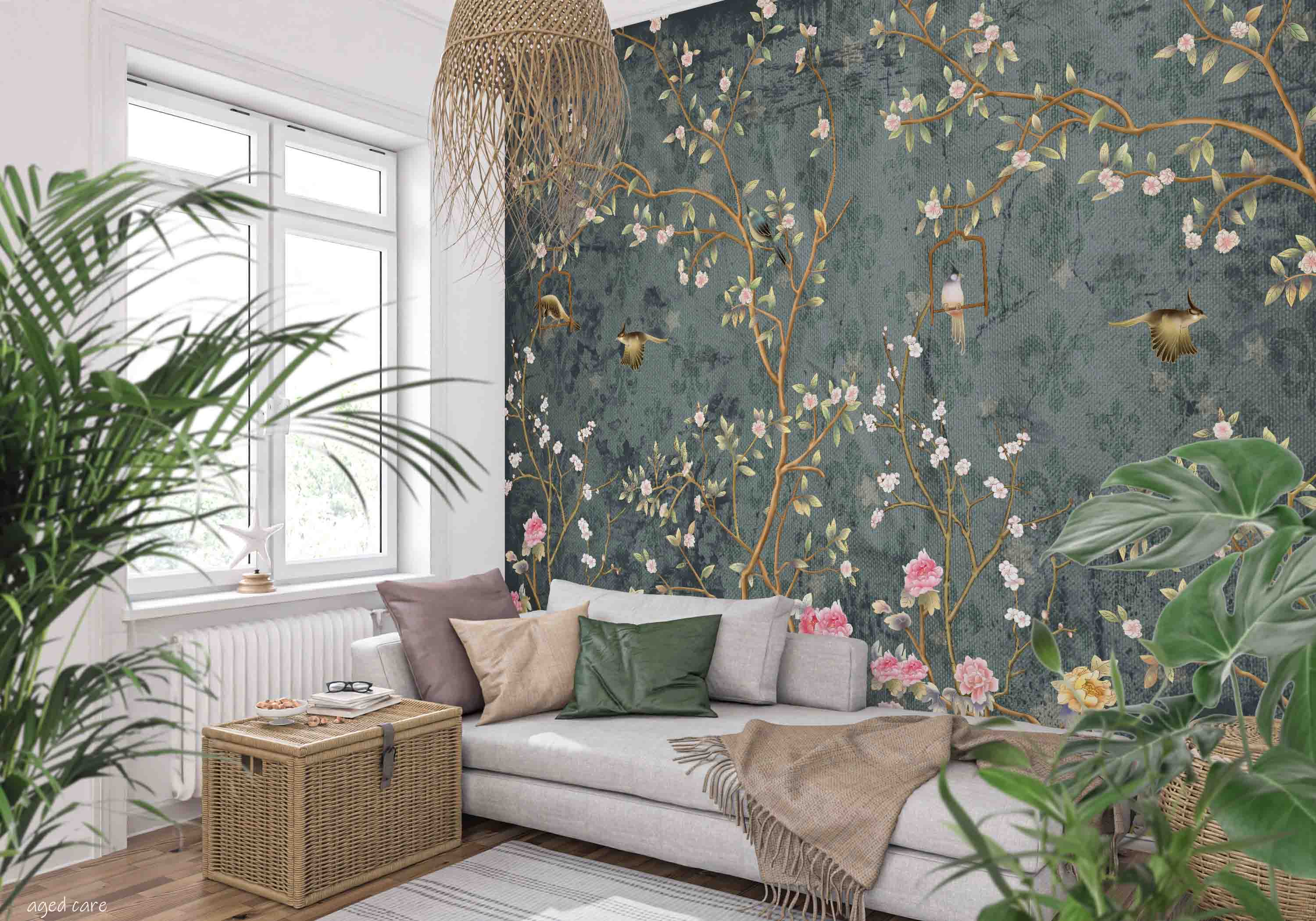 3D Aged Care Retirement Home Gerocomium Rest Home Floral Bird Vintage Wall Mural Wallpaper 2