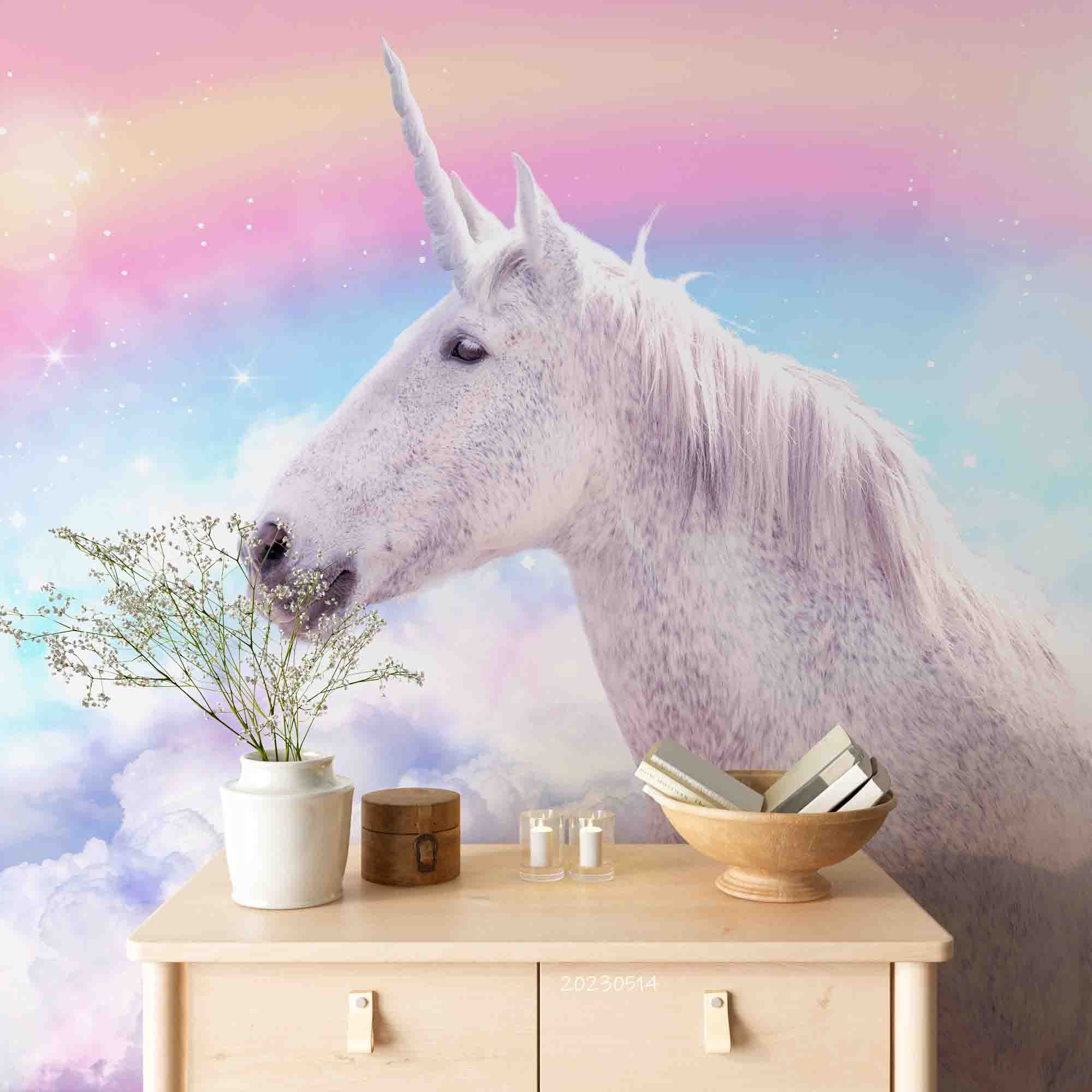 3D White Unicorn Rainbow Background Wall Mural Wallpaper GD 5324- Jess Art Decoration