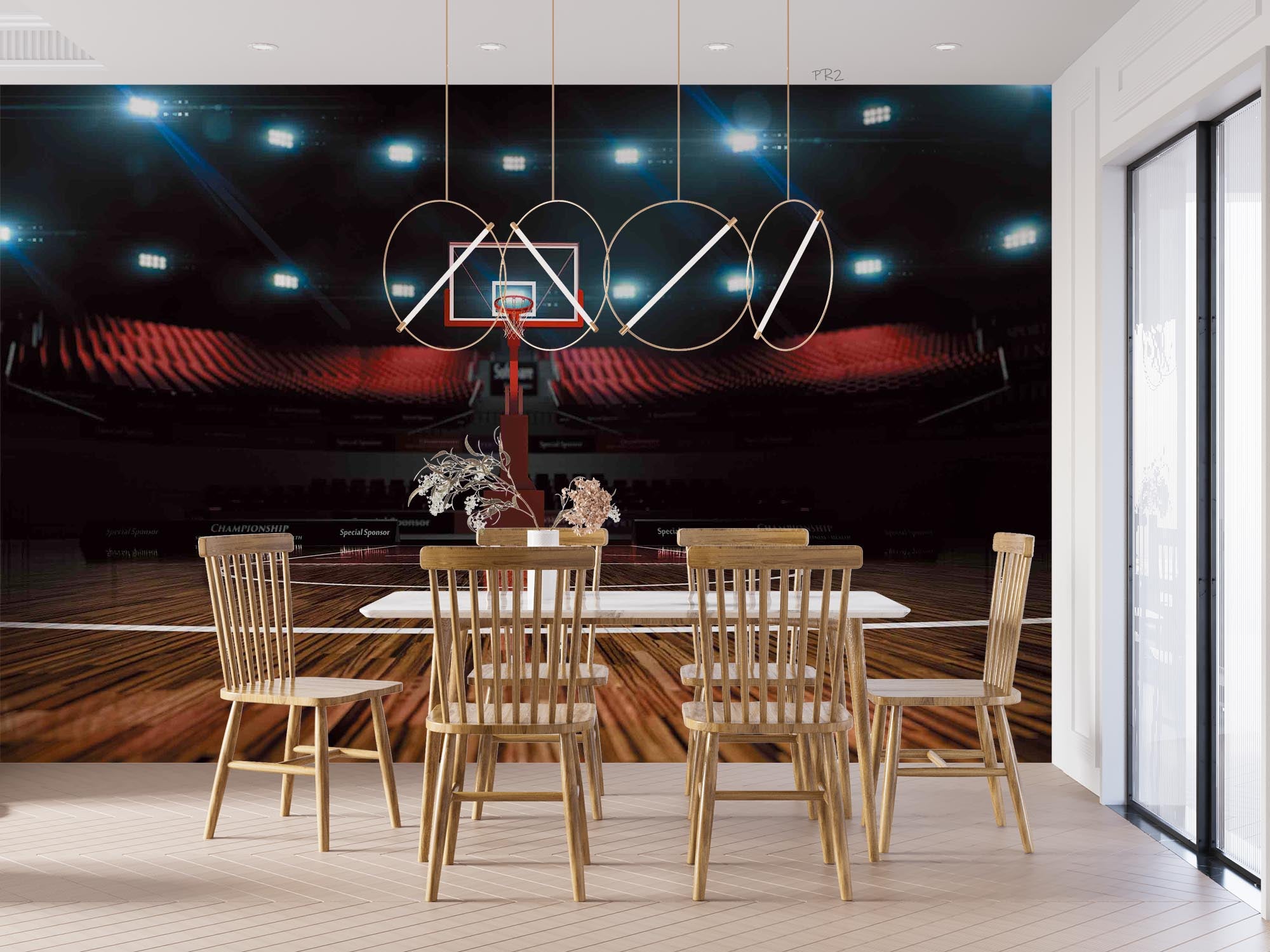 Basketball Court Lighting Wooden Floor Wallpaper basketball wall mural for bedroom, gym or sports room - view 4