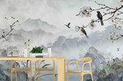 3D Watercolor Grey Mountain Plum Blossom Bird Wallpaper Wall Mural Wall Decor Wall Art Wall Sticker Remoable Wallpaper LQH 11