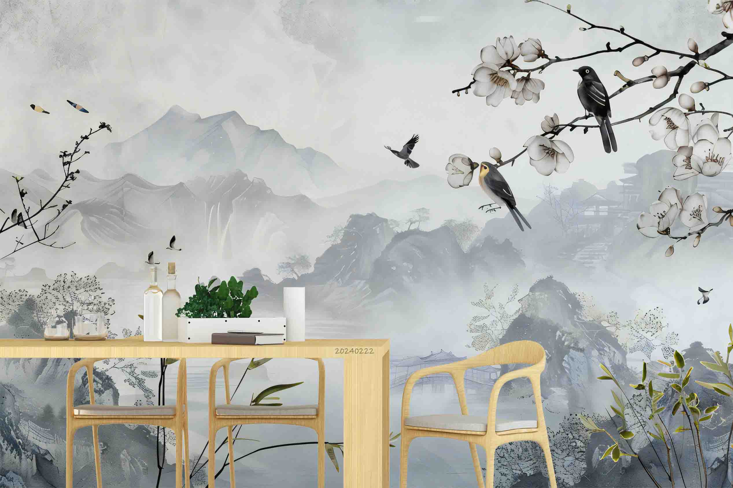 3D Watercolor Grey Mountain Plum Blossom Bird Wallpaper Wall Mural Wall Decor Wall Art Wall Sticker Remoable Wallpaper LQH 11