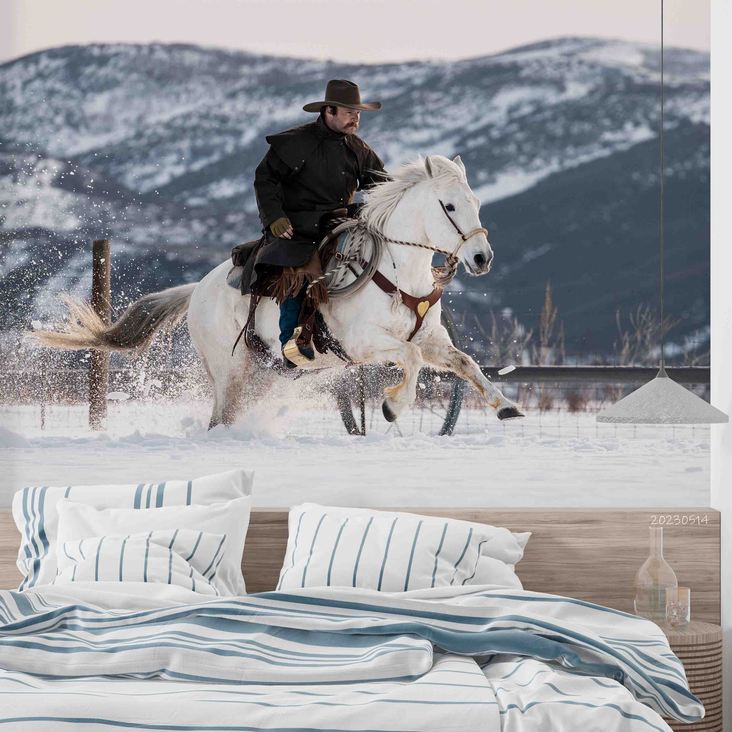 3D Cowboy Horse Mountain Snow Wall Mural Wallpaper GD 5318- Jess Art Decoration