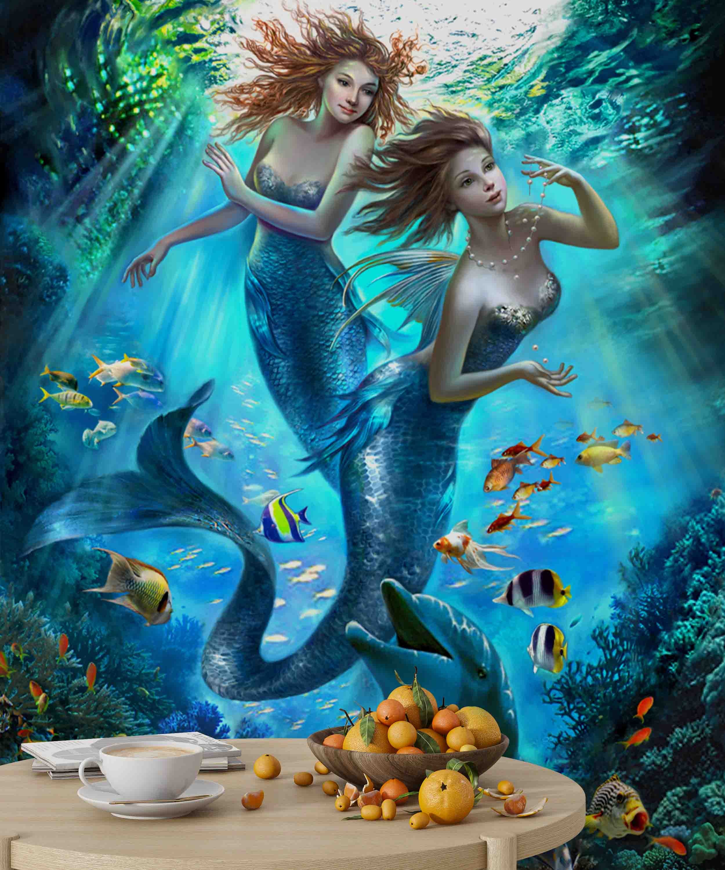 3D Mermaid Ocean World fantasy mermaid underwater scene wall mural wallpaper for kids room - view 5