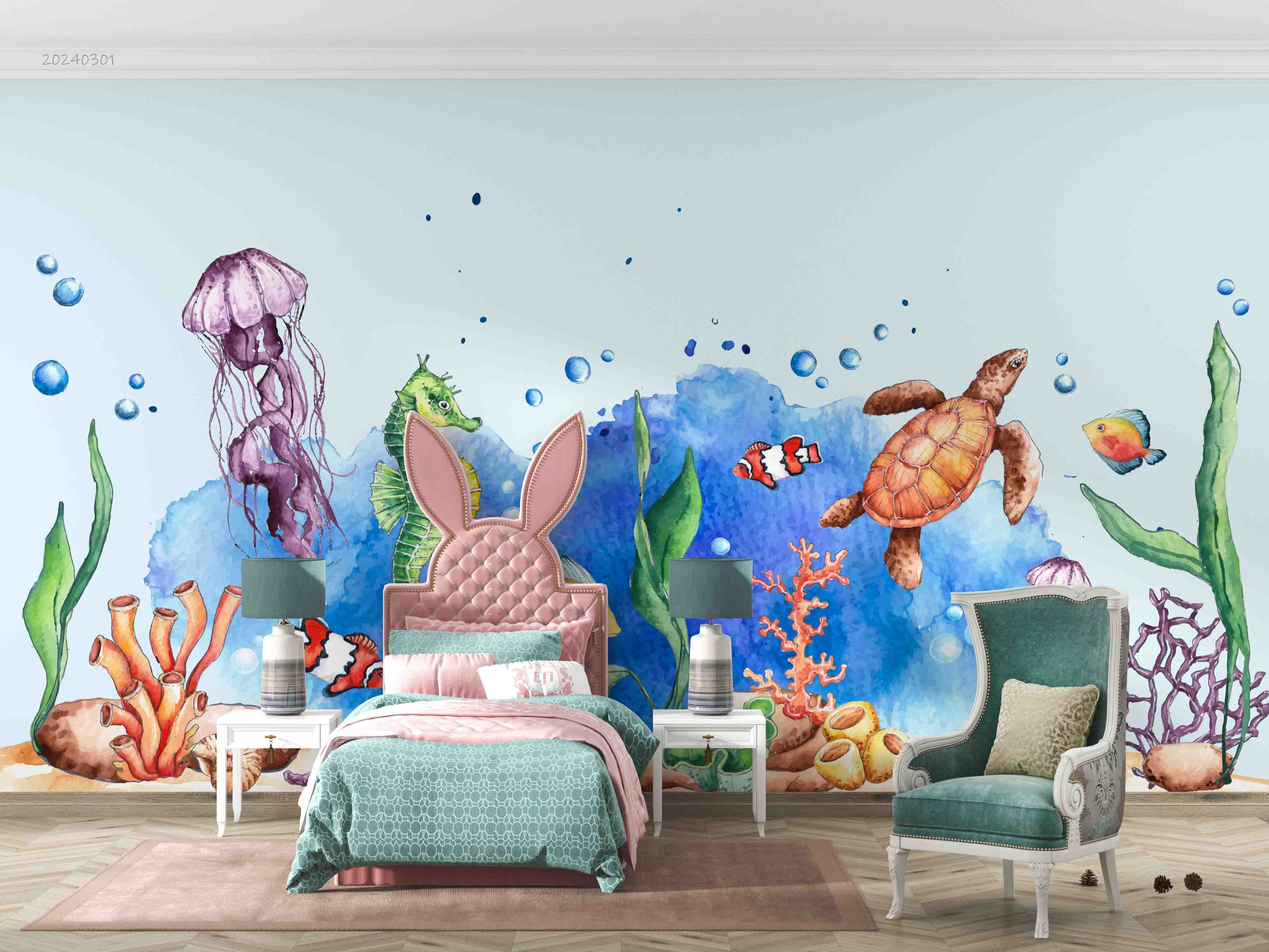 3D Cartoon Undersea World Sea Turtle Jellyfish Seaweed Kids Wallpaper Wall Mural Wall Decor Wall Art Wall Sticker Remoable Wallpaper