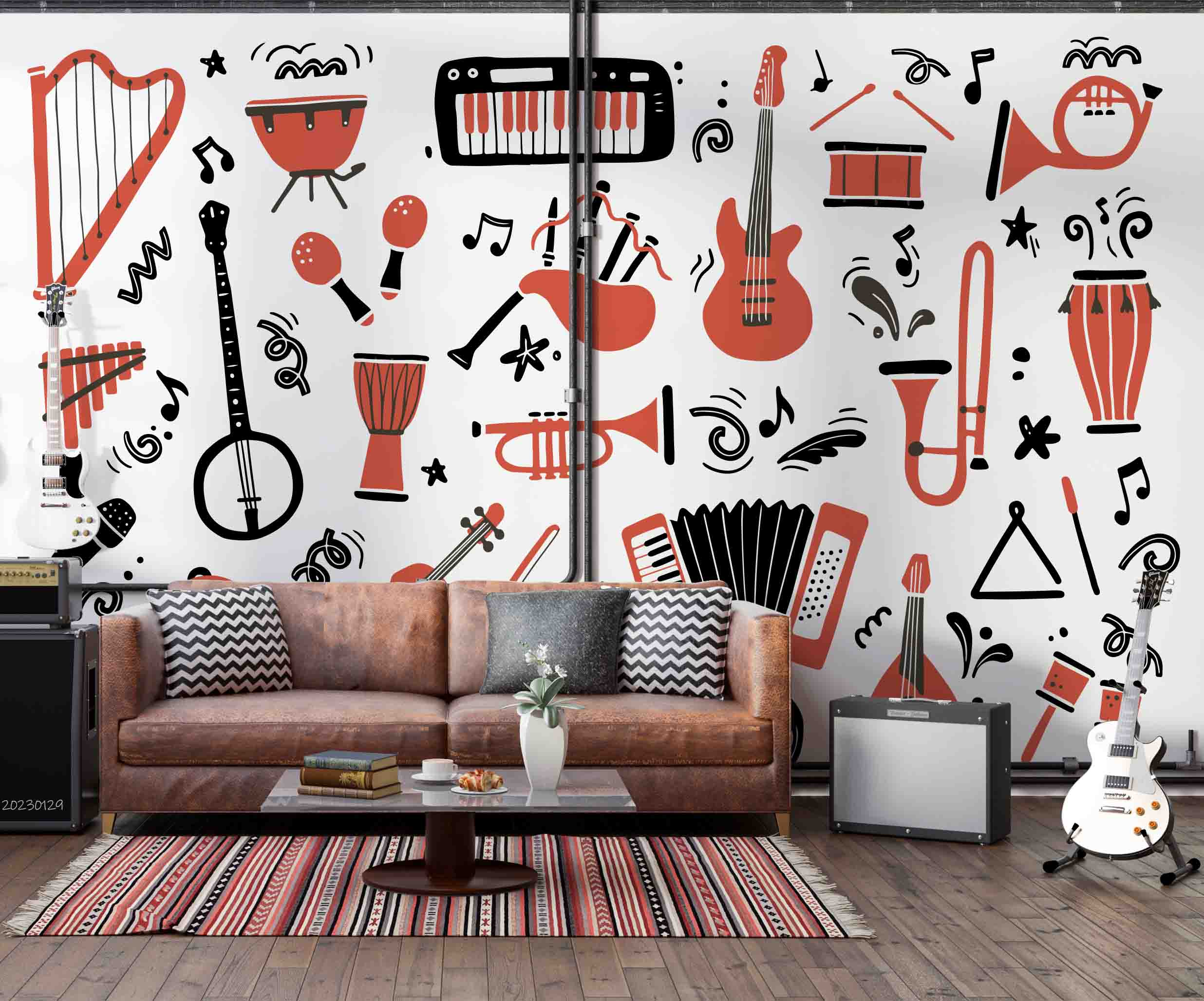 3D Pattern Guitar Piano Drum Trumpet Black Croci Wall Mural Wallpaper YXL 11- Jess Art Decoration