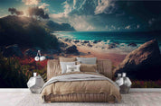 3D Sandbeach Ocean Mountain Blue Spindrift Tree Wall Mural Wallpaper YXL 5- Jess Art Decoration