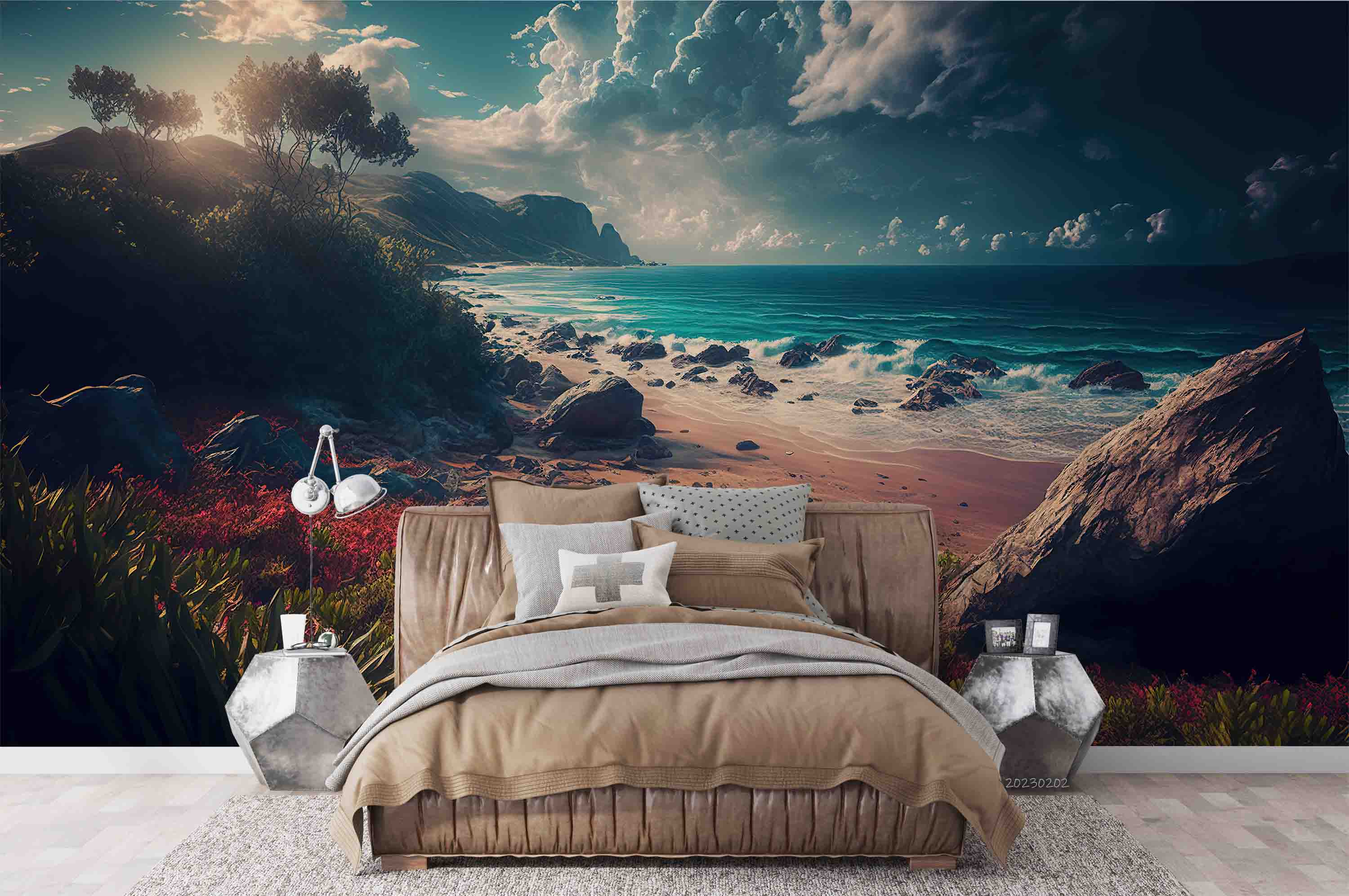 3D Sandbeach Ocean Mountain Blue Spindrift Tree Wall Mural Wallpaper YXL 5- Jess Art Decoration