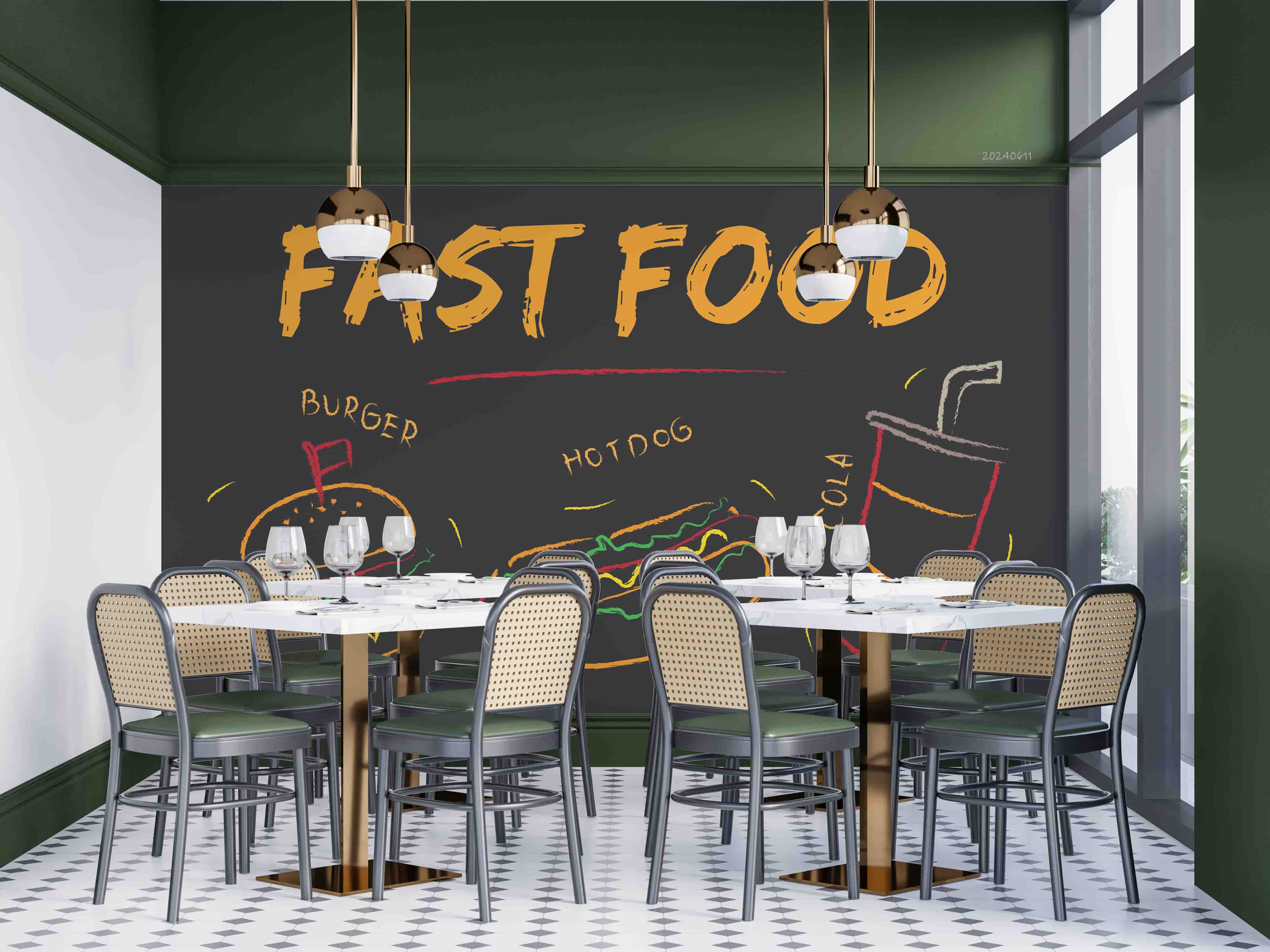 3D Hamburger Drinks Letter Hot Dog Buns Black Wall Mural Wallpaper YXL 253