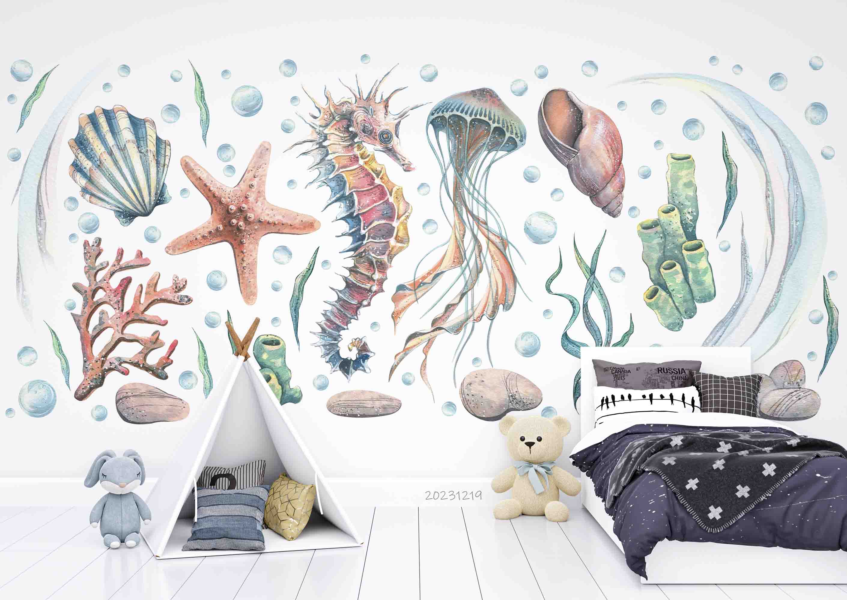 3D Animal Starfish Coral Sea Horse Octopus Shell Wall Mural Wallpaper YXL 18
