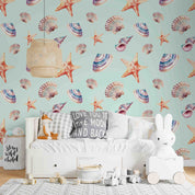 3D Animal Conch Starfish Sea Snail Blue Wall Mural Wallpaper YXL 44