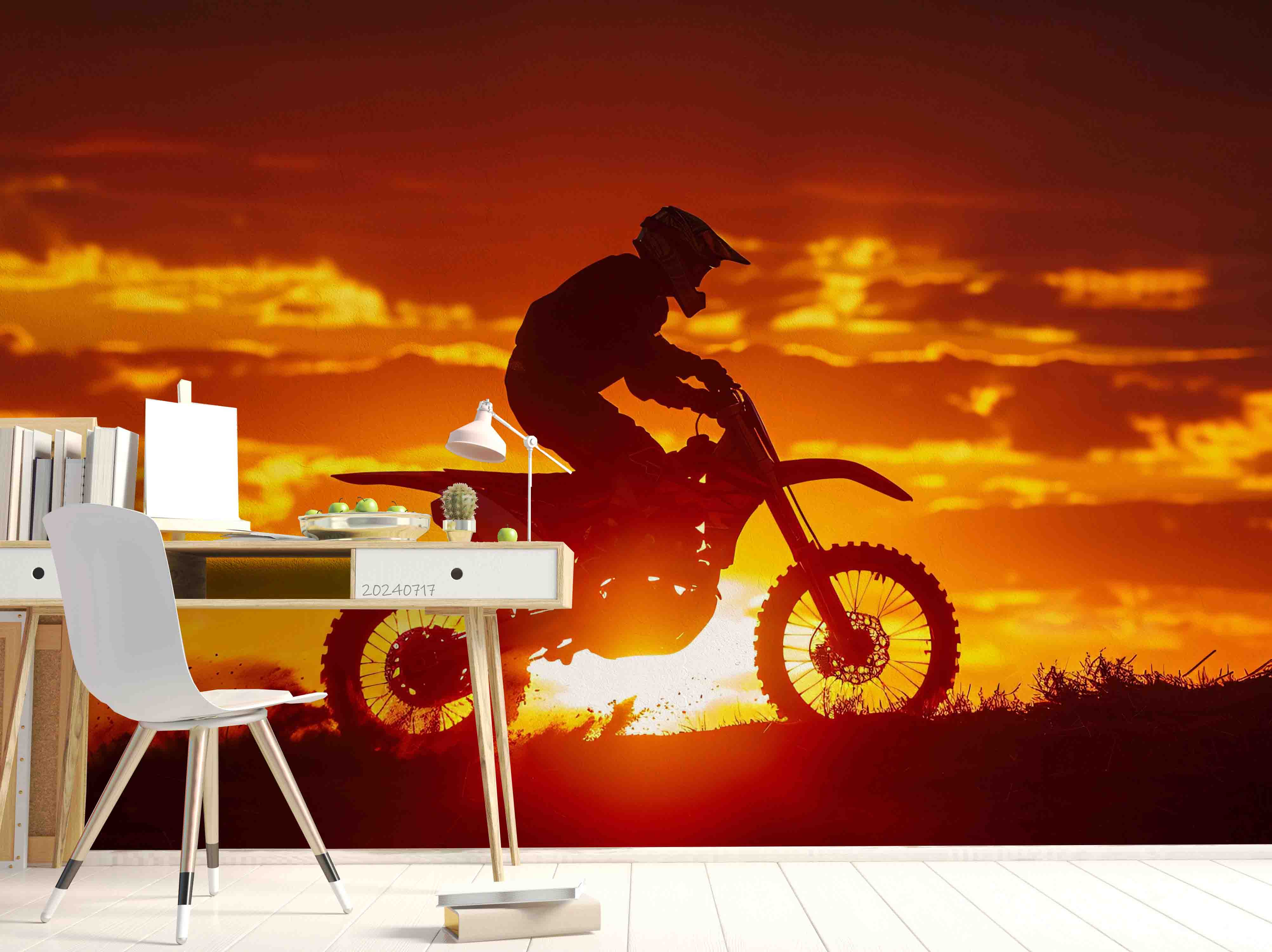 3D Tree Mountain Sunlight Sky Cloud Person Motorbike Wall Mural Wallpaper YXL 62