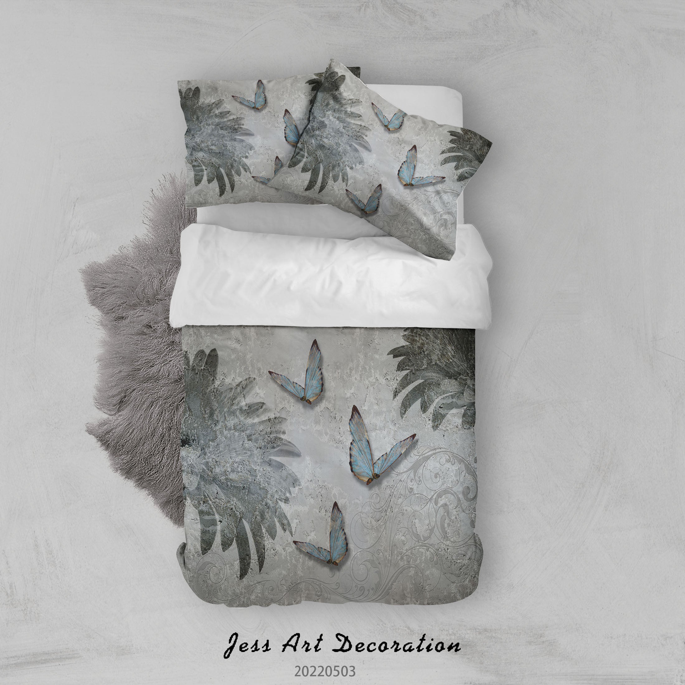 3D Tree Butterfly Gray Quilt Cover Set Bedding Set Duvet Cover Pillowcase 522