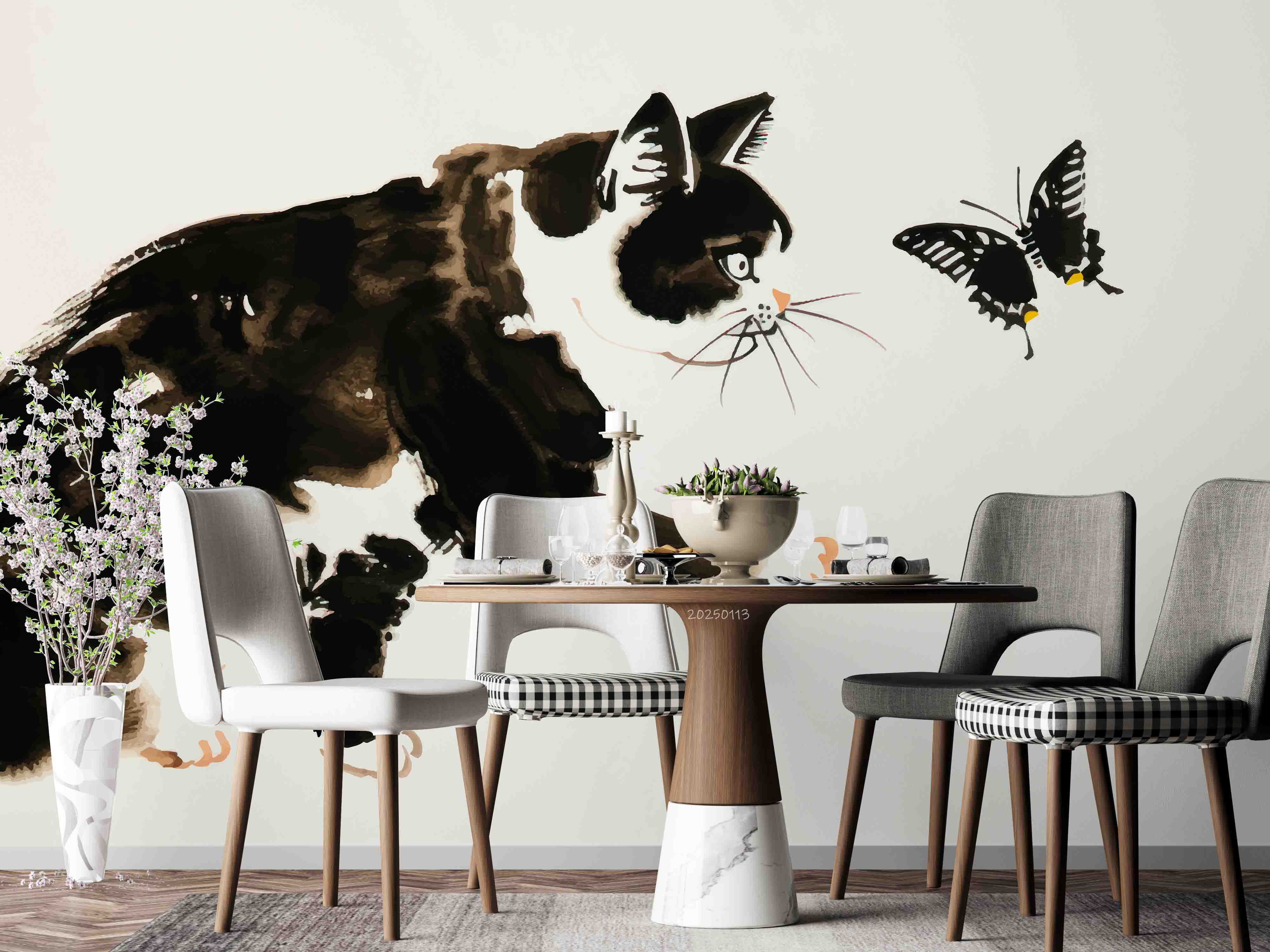 3D Black Animal Cat Butterfly Painting Wallpaper Wall Mural Wall Decor Wall Art Wall Sticker Remoable Wallpaper LQH 9