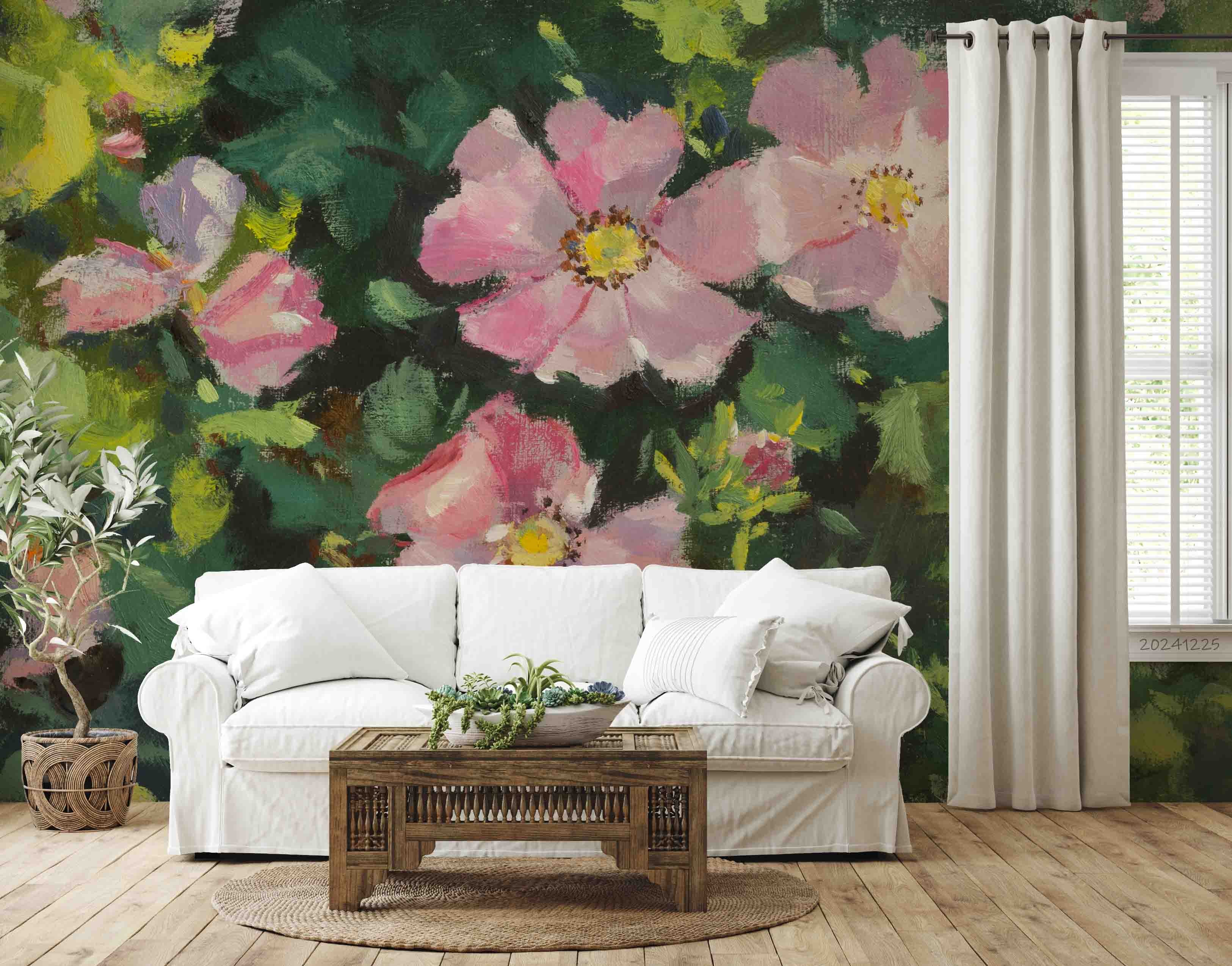 3D Pink Floral Green Leaves Oil Painting Wallpaper Wall Mural Wall Decor Wall Art Wall Sticker Remoable Wallpaper LQH 34