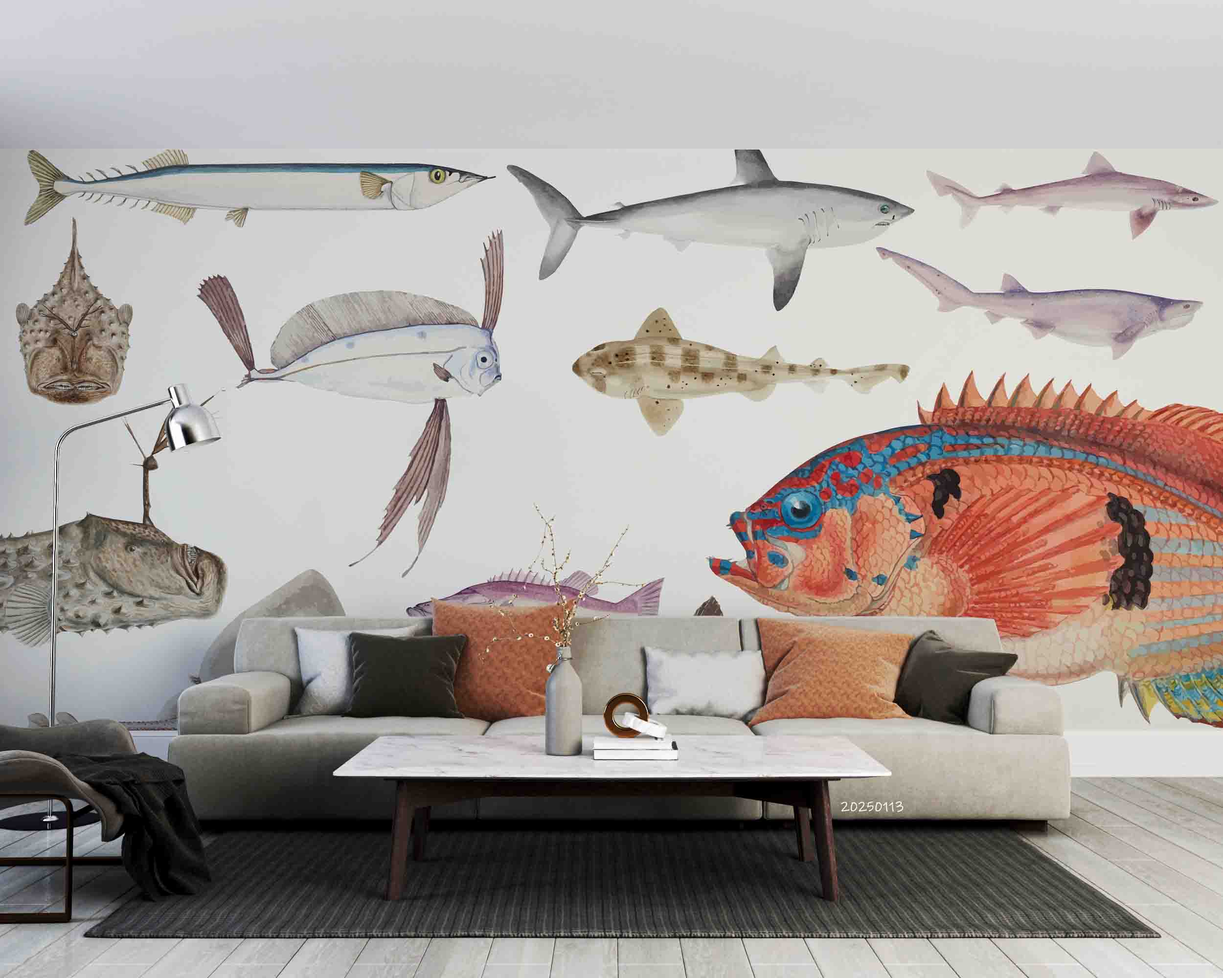 3D Hand Drawn Ocean Creature Fish Wallpaper Wall Mural Wall Decor Wall Art Wall Sticker Remoable Wallpaper LQH 10