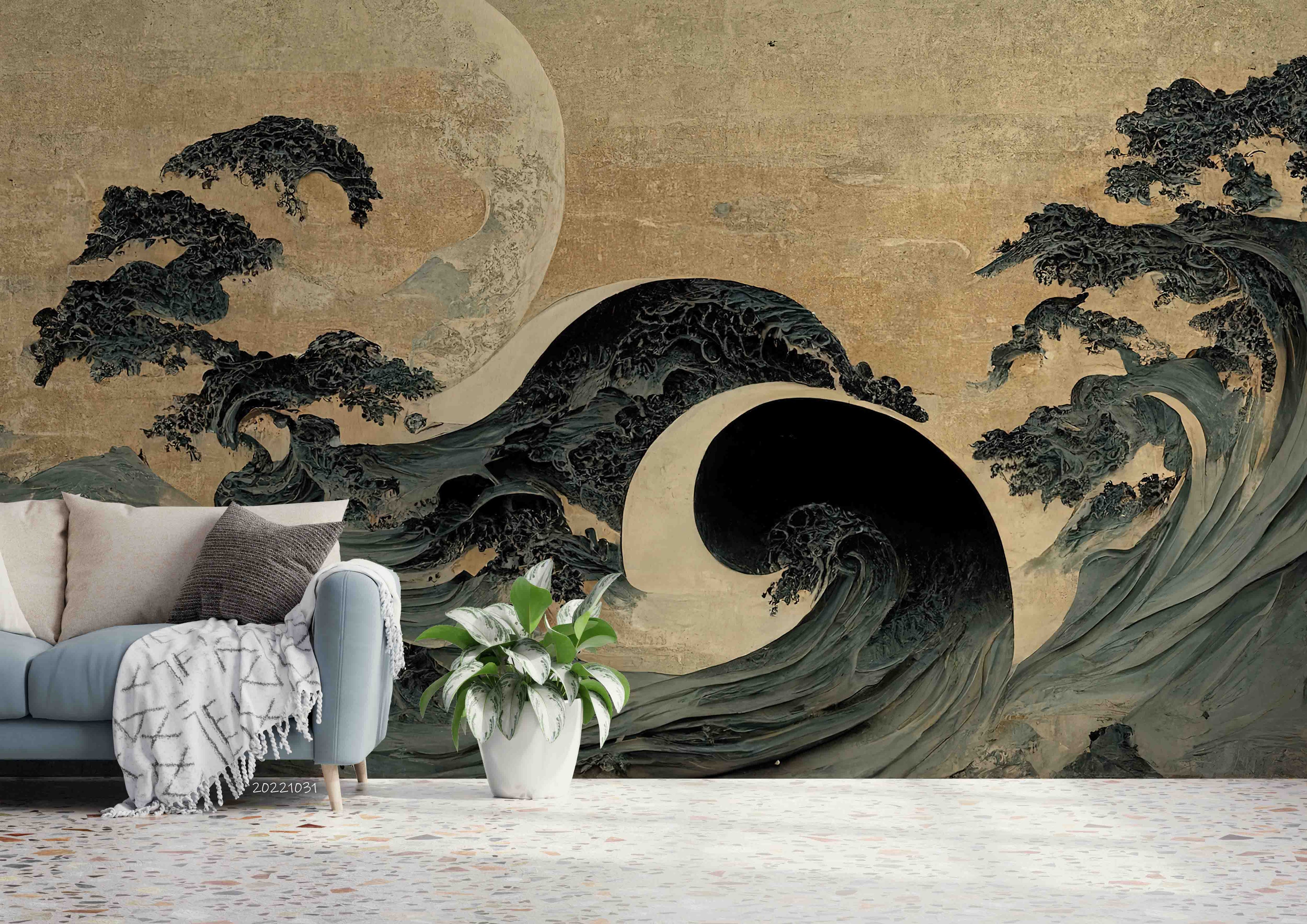 3D Big Wave Moon Painting Old Japanese Style Wall Mural Wallpaper GD 3065- Jess Art Decoration