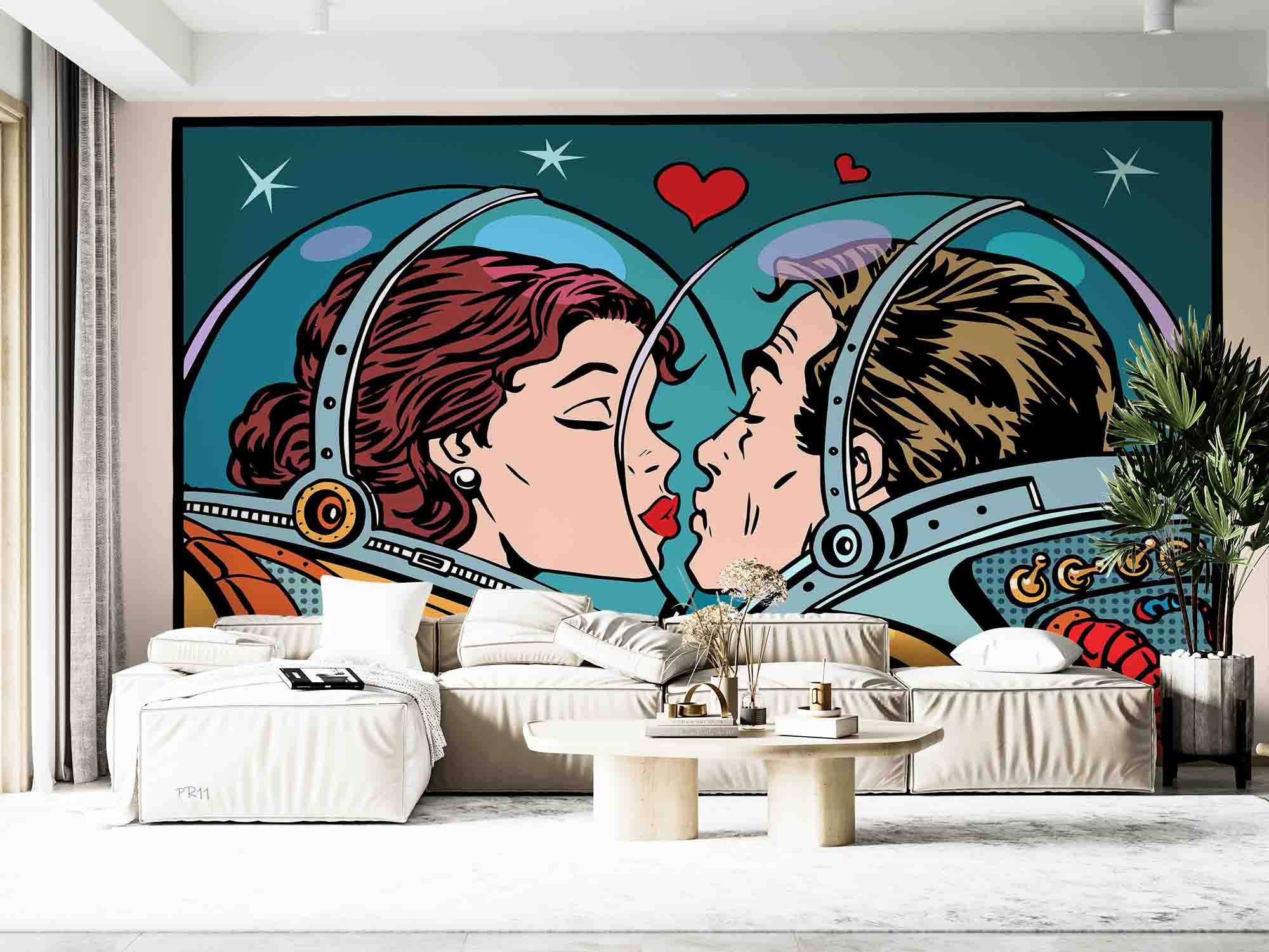 3D Astronaut Couple Kiss romantic astronaut pop art scene wall mural wallpaper for bedroom - view 3