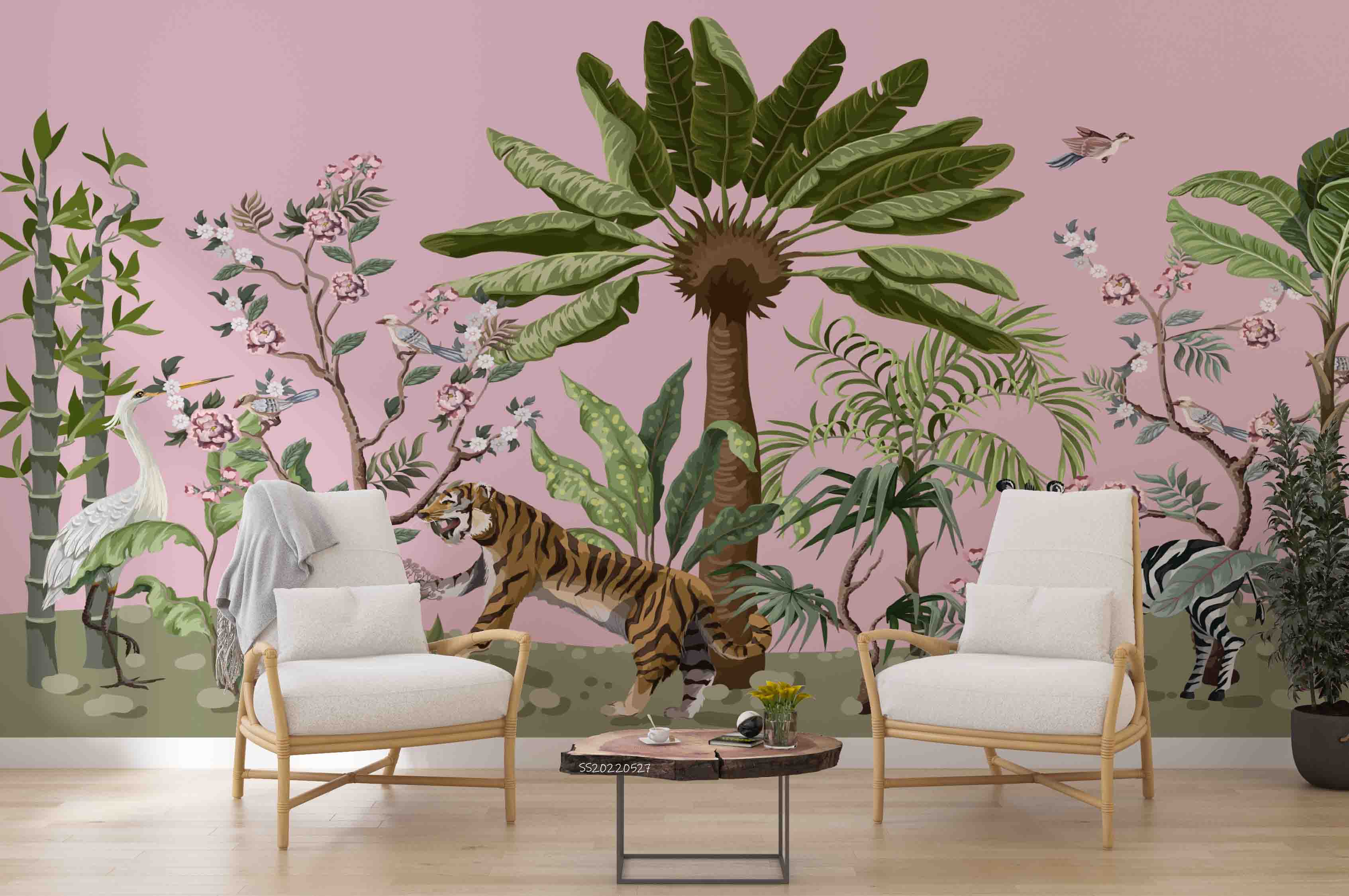 3D Tropical Jungle Tree Tiger Zebra Heron Wall Mural Wallpaper GD 4213- Jess Art Decoration