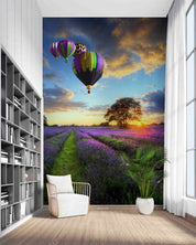 3D Sunset Clouds Sky Lavender Field English Countryside Landscape Hot Air Balloon Wall Mural Wallpaper GD 5055- Jess Art Decoration