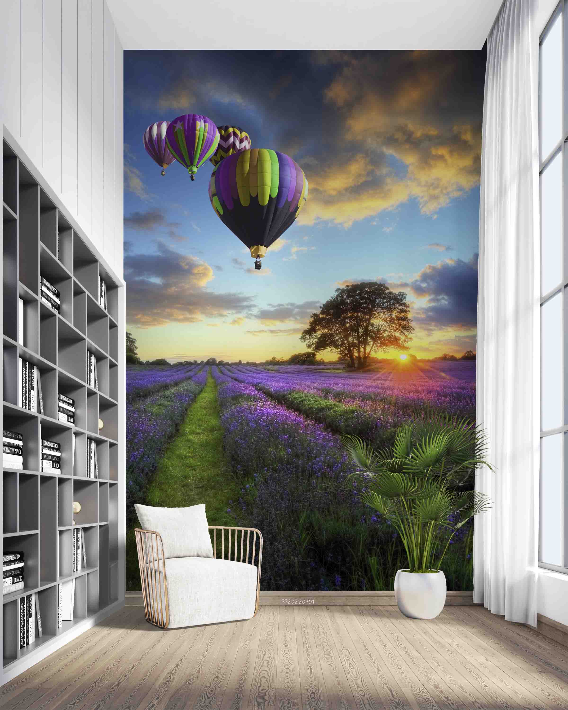 3D Sunset Clouds Sky Lavender Field English Countryside Landscape Hot Air Balloon Wall Mural Wallpaper GD 5055- Jess Art Decoration