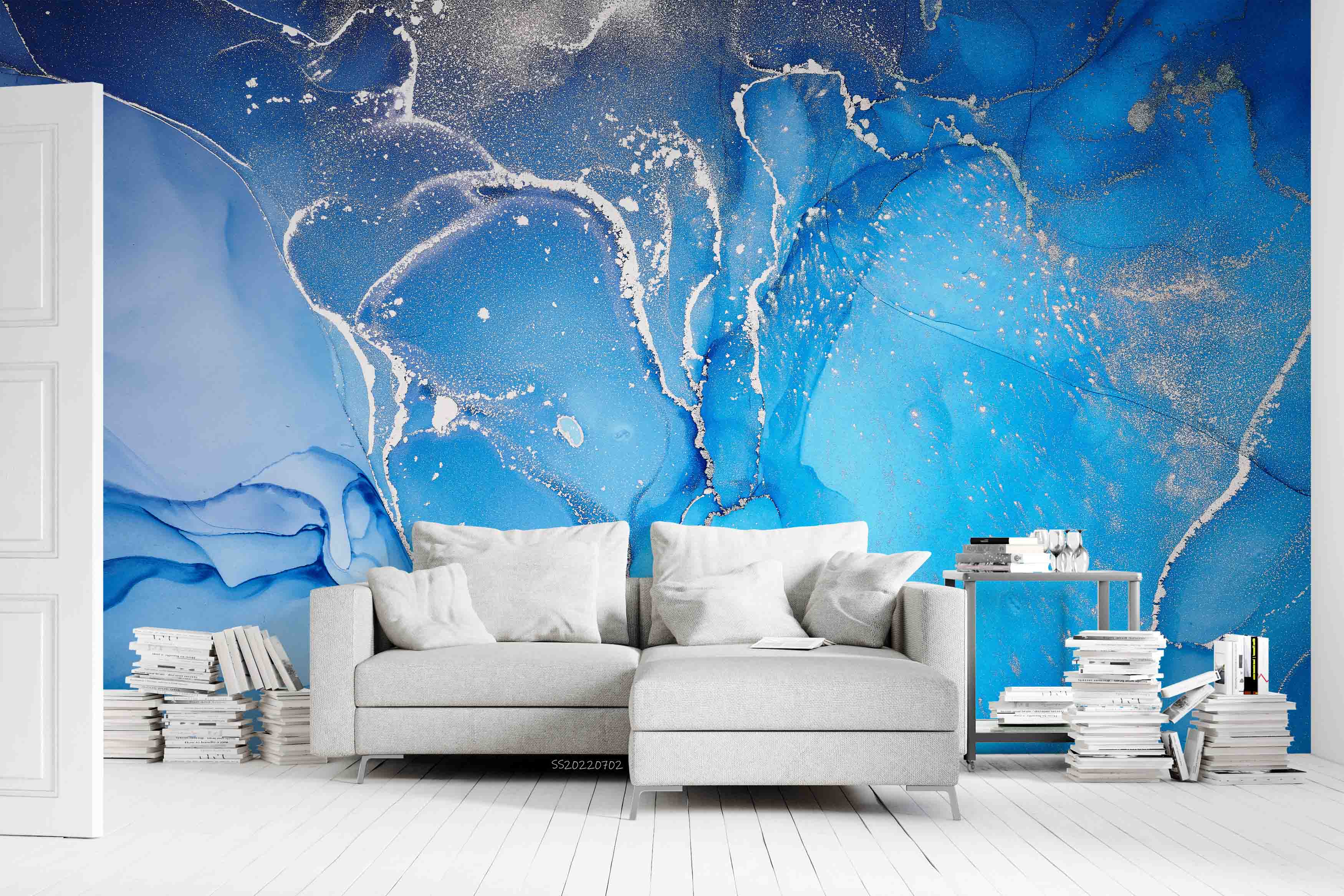 3D Bright Blue Marble bright blue marble artwork wall mural wallpaper for living room - view 4