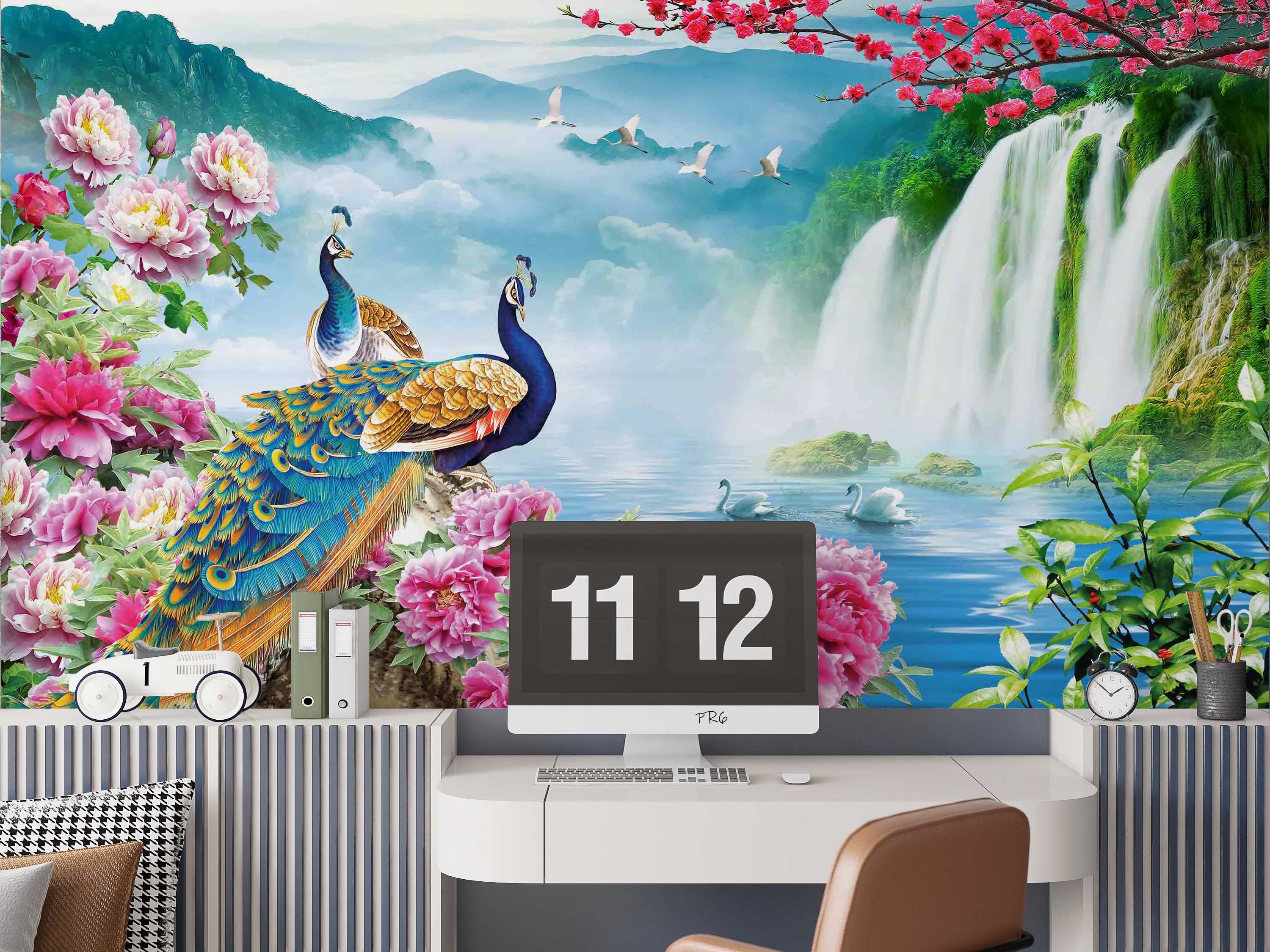 3D Animal Peacock Flower Swan River Waterfall Mountain Wild Goose Wall Mural Wallpaper YXL 03- Jess Art Decoration