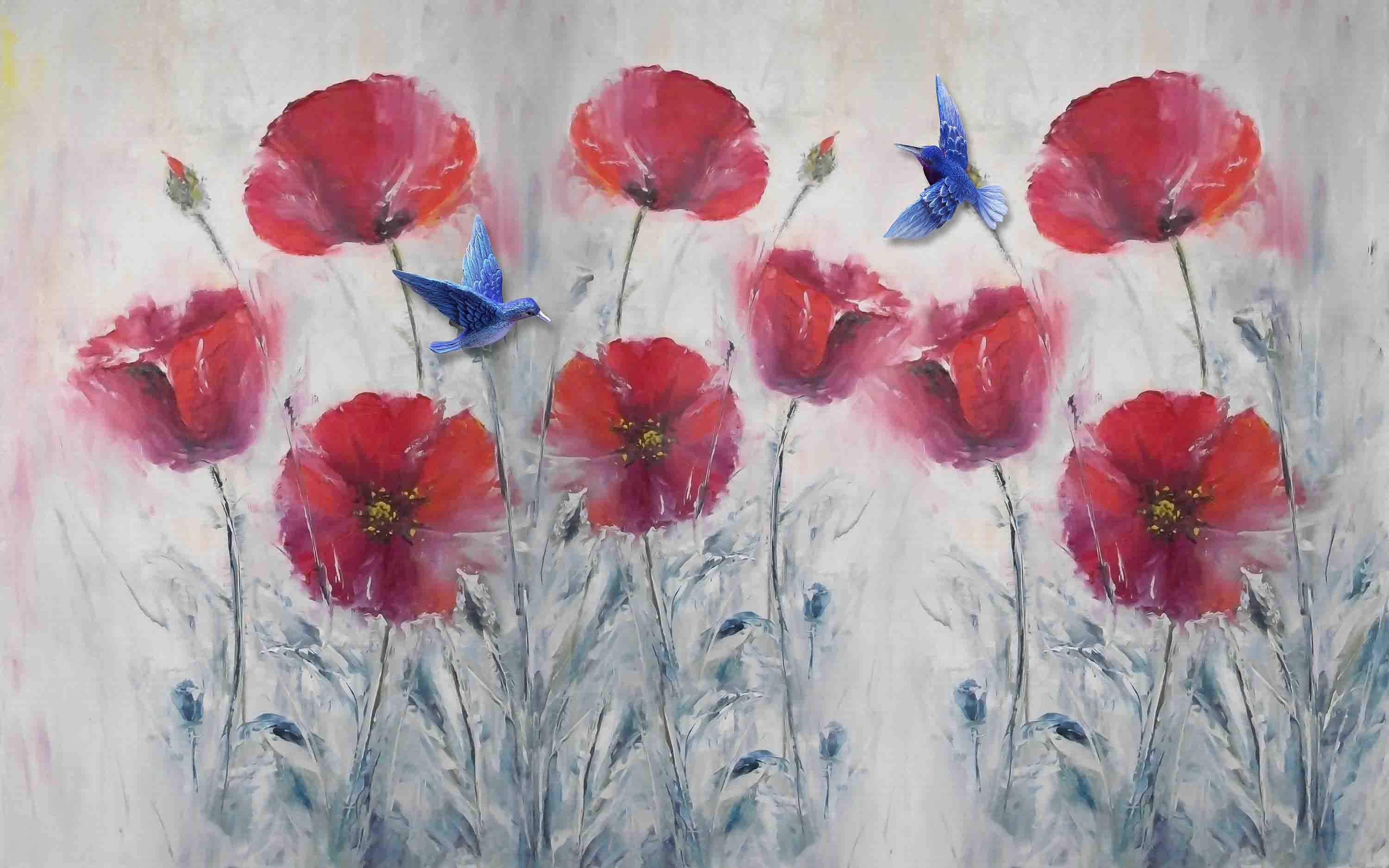 3D Vintage Red Poppy vintage red flower painting wall mural wallpaper for bedroom - view 4