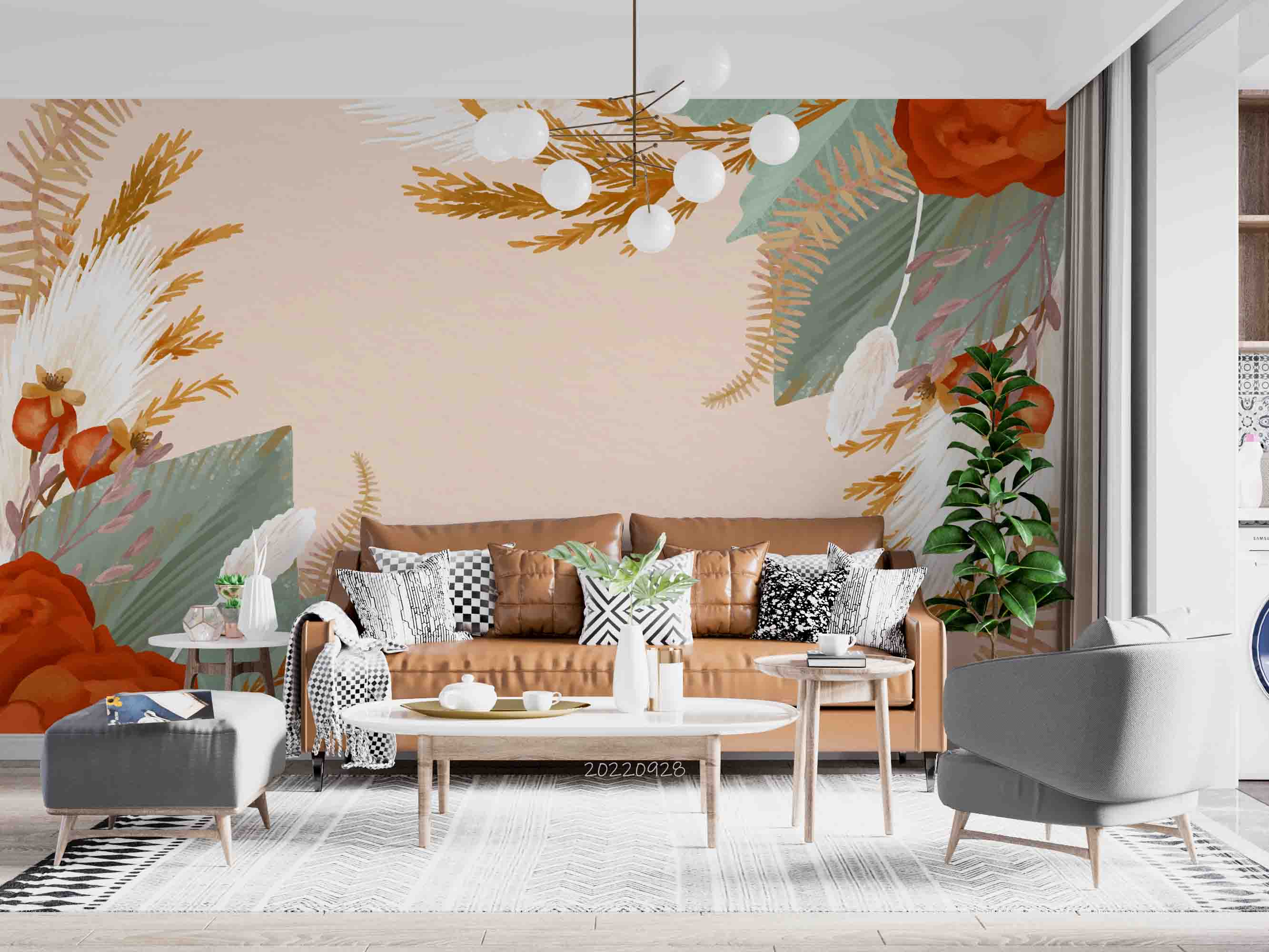 3D Watercolor Boho Background Floral Leaves Wall Mural Wallpaper GD 3311- Jess Art Decoration