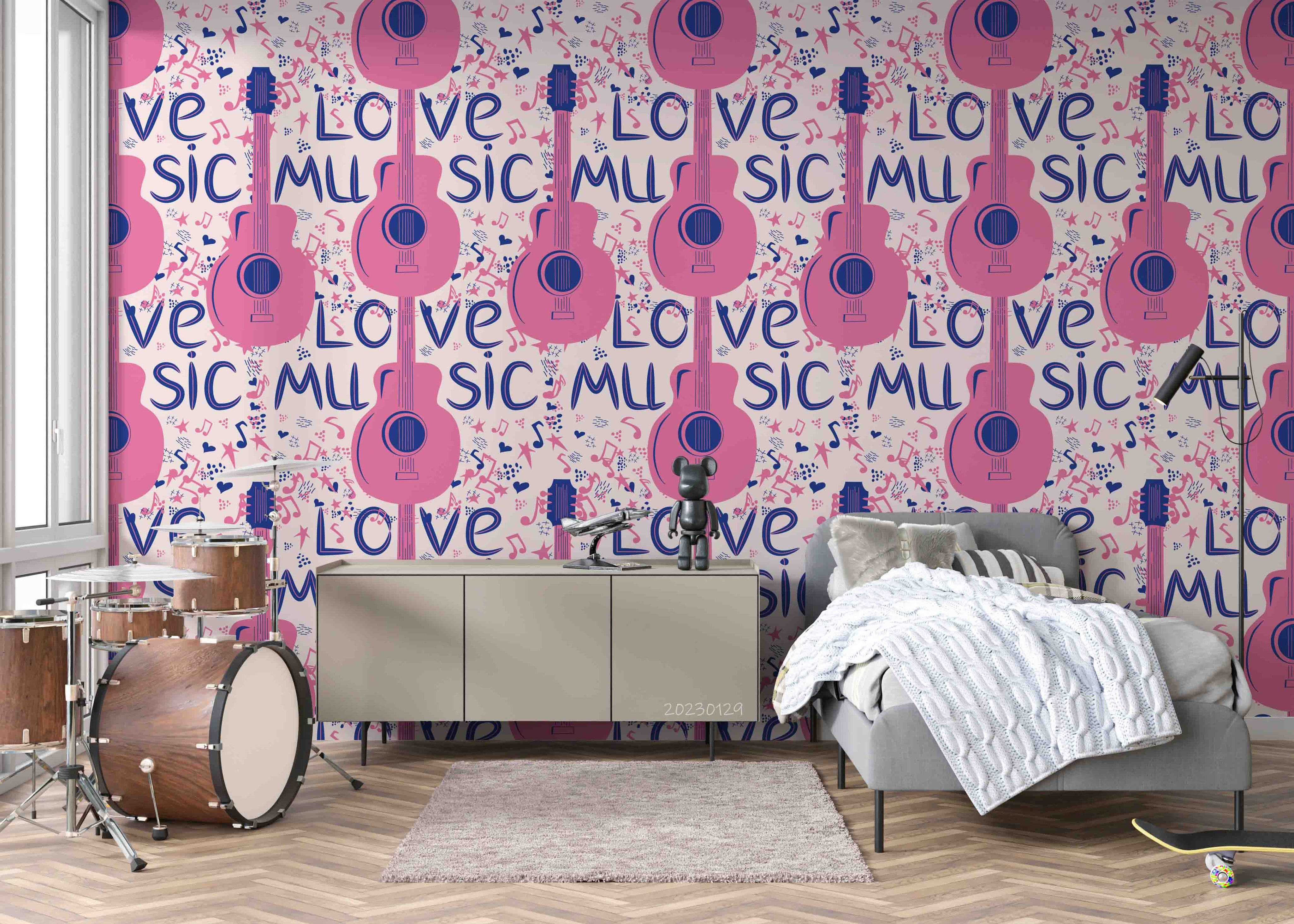 3D Pattern Guitar Pink Letter Note Wall Mural Wallpaper YXL 07- Jess Art Decoration