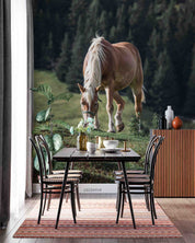 3D Brown Horse White Mane Grazing Mountain Pine Background Wall Mural Wallpaper GD 5359- Jess Art Decoration